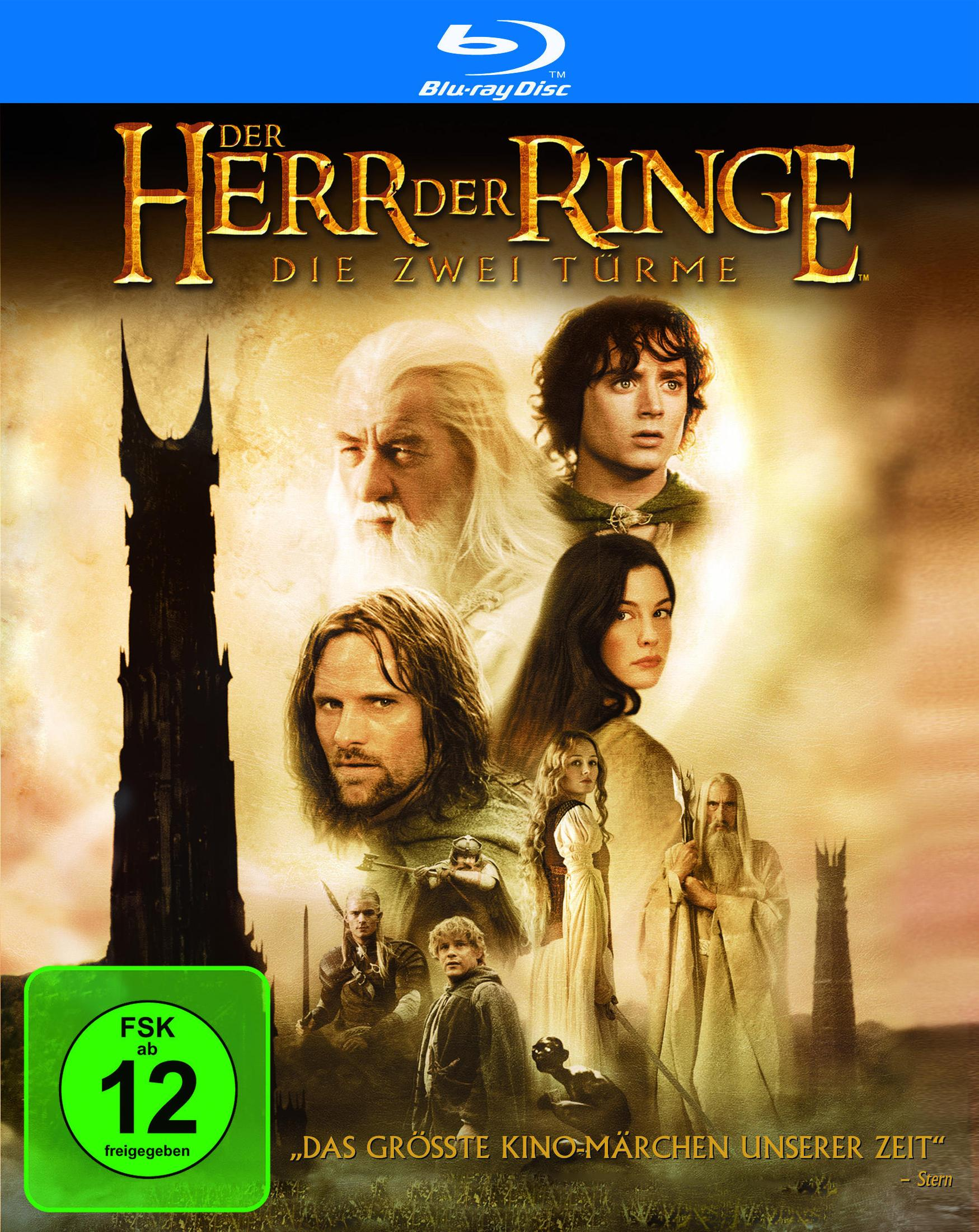 Blu-ray-Cover von Der Herr der Ringe: Die zwei Türme mit Charakteren und dunklen Türmen.