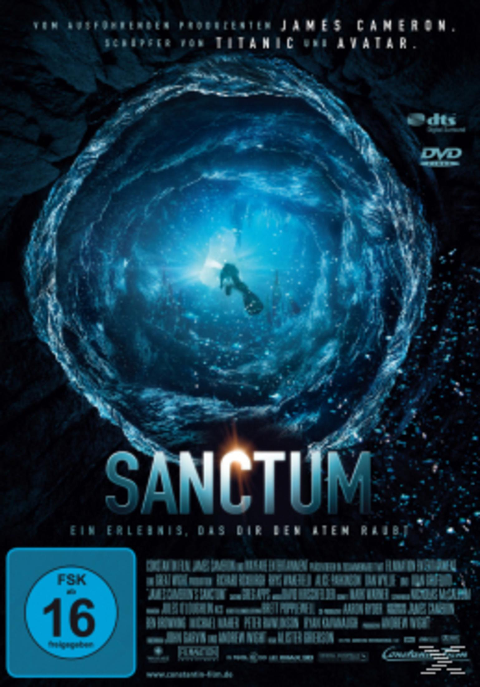 DVD-Cover von Sanctum mit einem Taucher in einer dunklen Unterwasserhöhle.