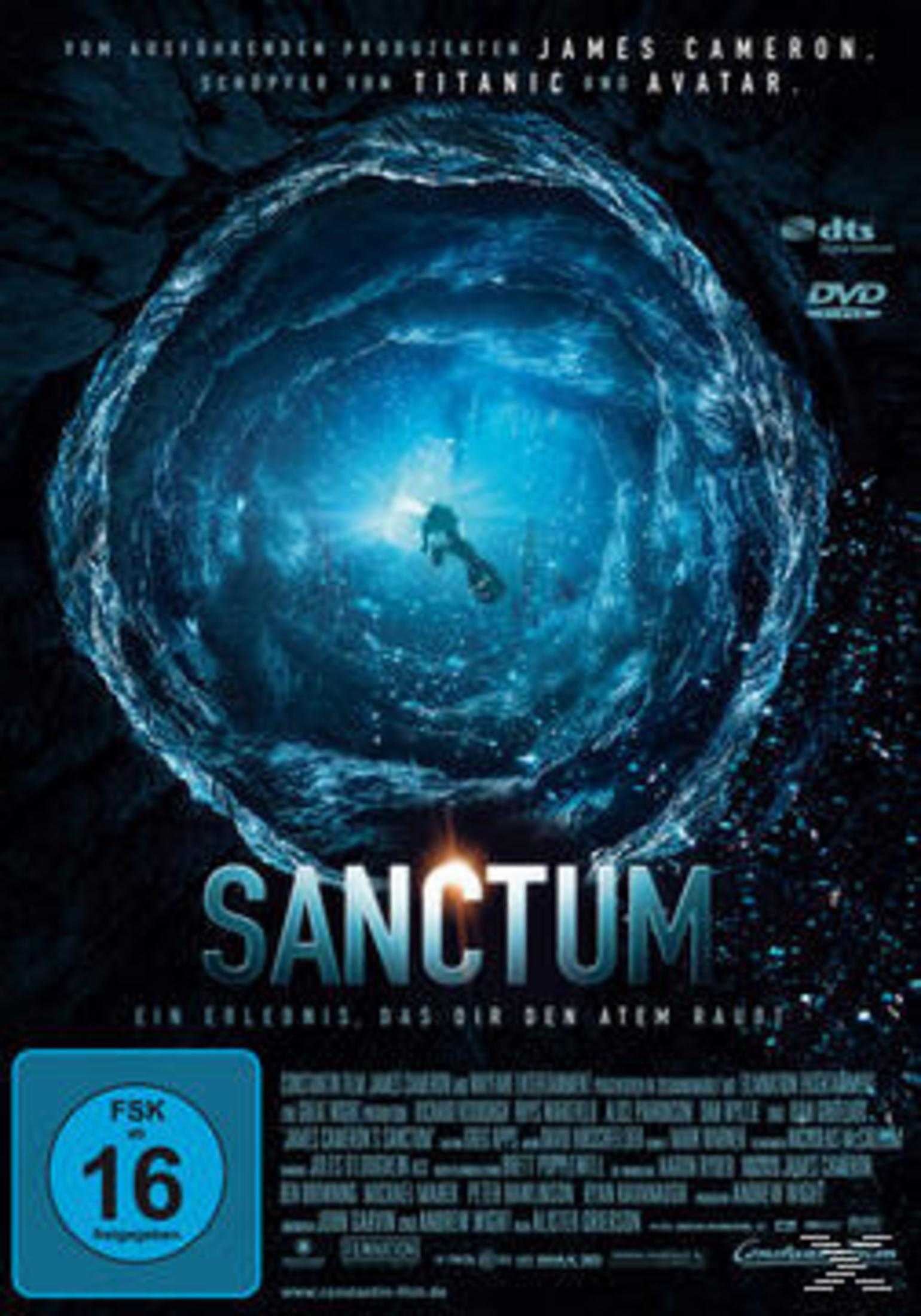 DVD-Cover von Sanctum mit einem Taucher in einer dunklen Unterwasserhöhle.