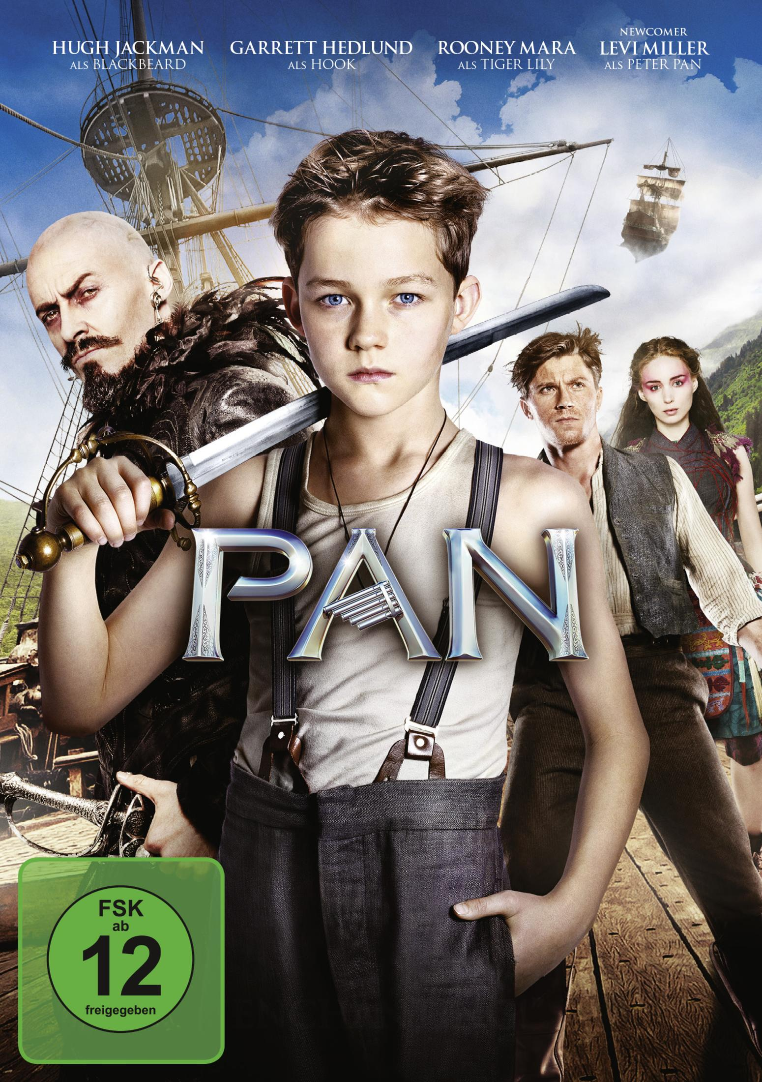 Filmplakat für Pan mit Peter mit einem Schwert, mit Blackbeard, Hook und Tiger Lily im Hintergrund.