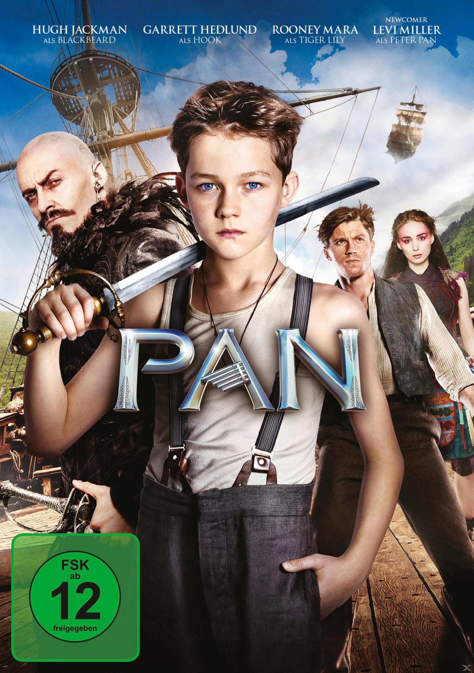Filmposter von Pan mit Levi Miller als Peter Pan, Hugh Jackman als Blackbeard und Garrett Hedlund als Hook.