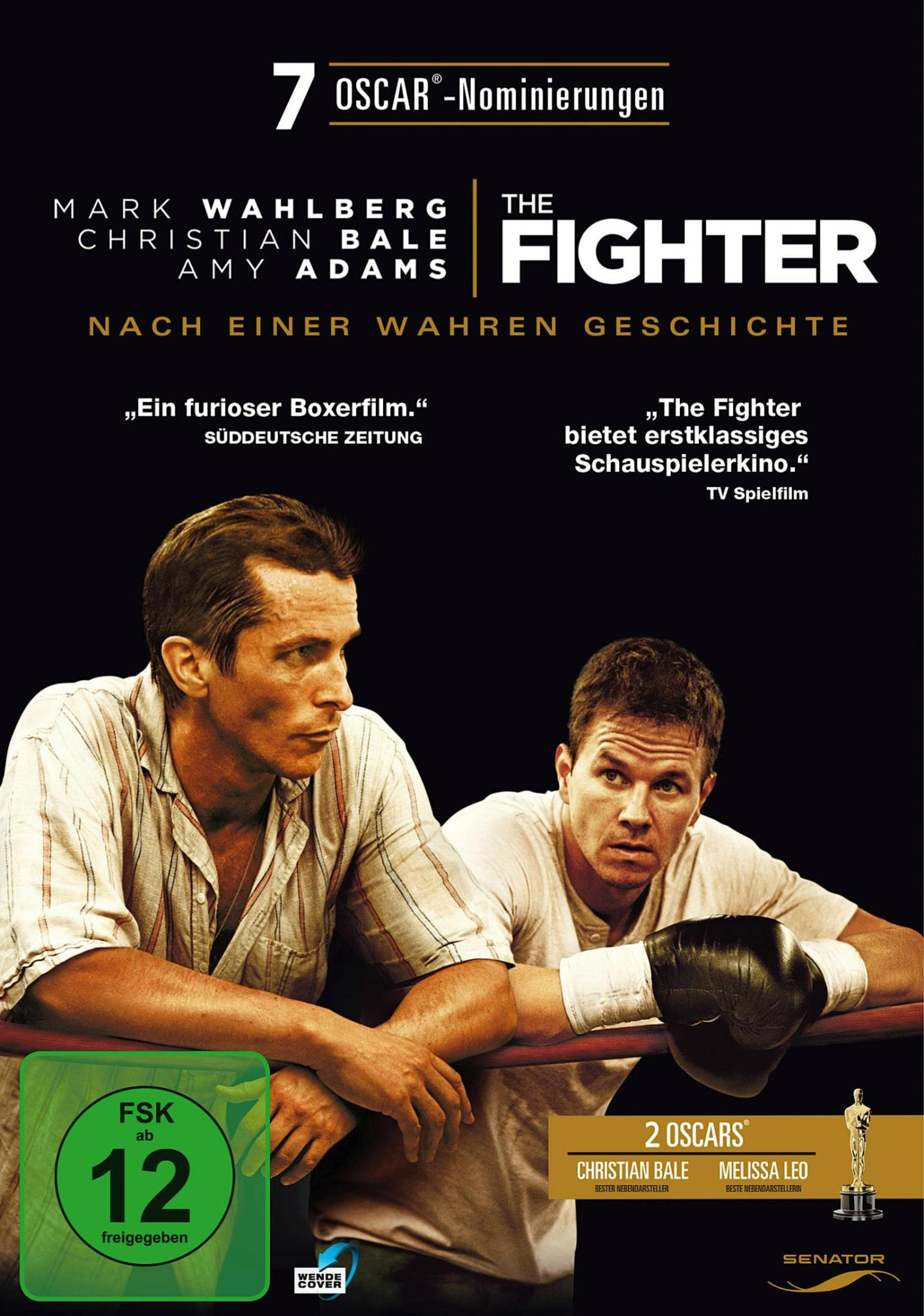 Filmposter von The Fighter mit Mark Wahlberg und Christian Bale, die vor schwarzem Hintergrund auf Seilen lehnen.
