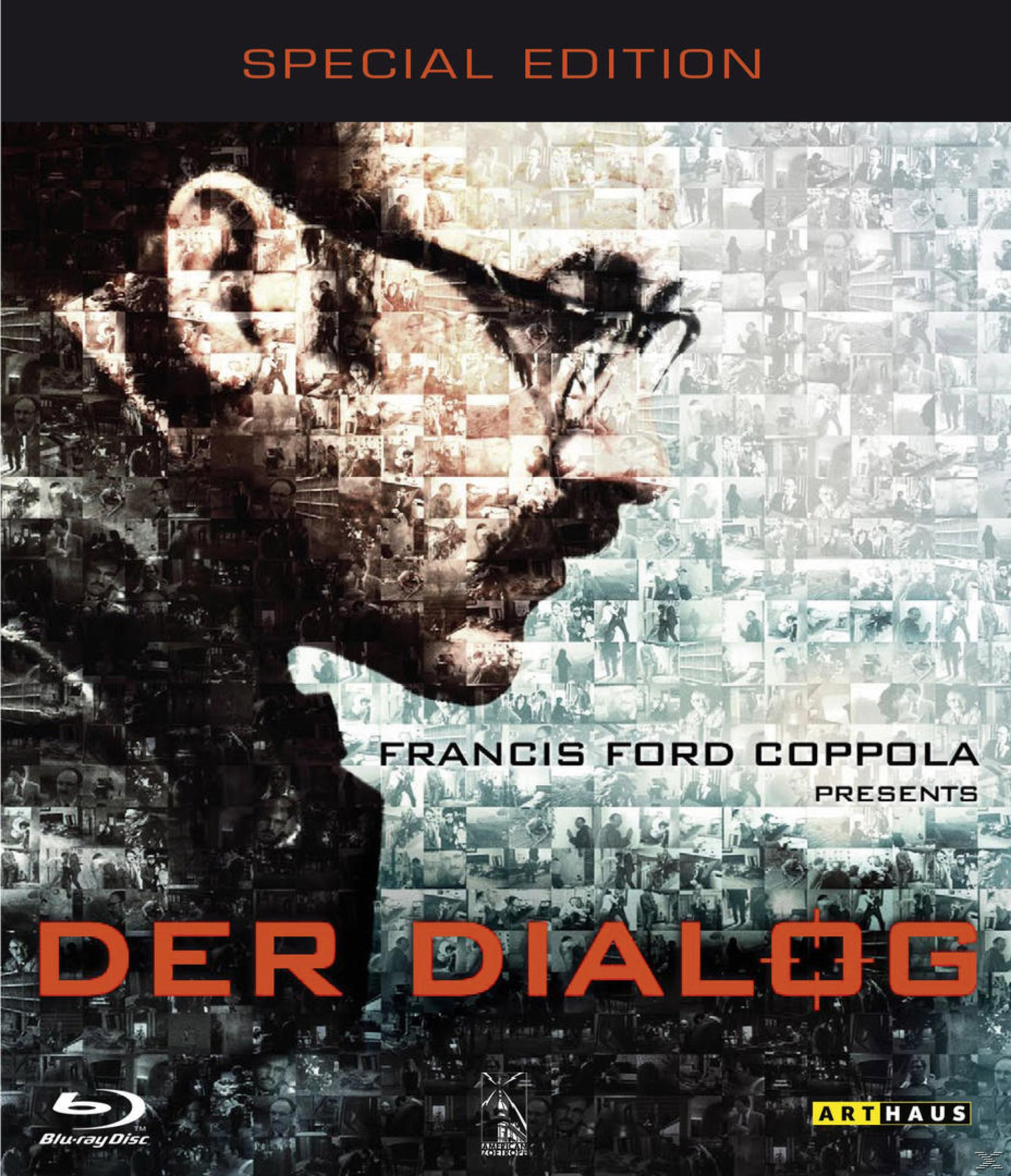 Blu-ray-Cover für Der Dialog mit einer großen schwarz-weißen Porträtsilhouette und Text in Rot.