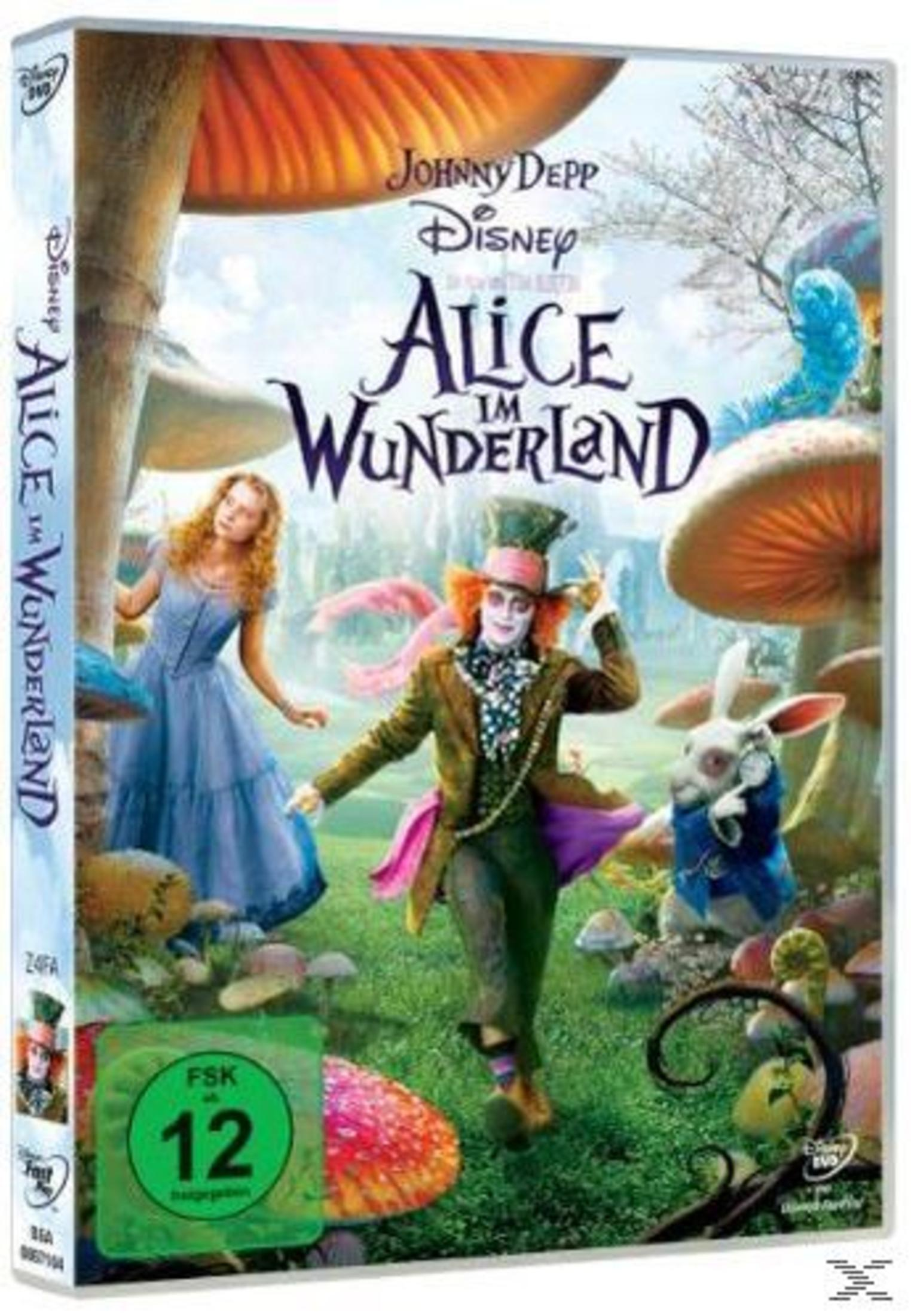 DVD-Cover von Alice im Wunderland mit Mad Hatter, Alice, weißem Kaninchen und bunten Pilzen in einer Fantasiewelt.