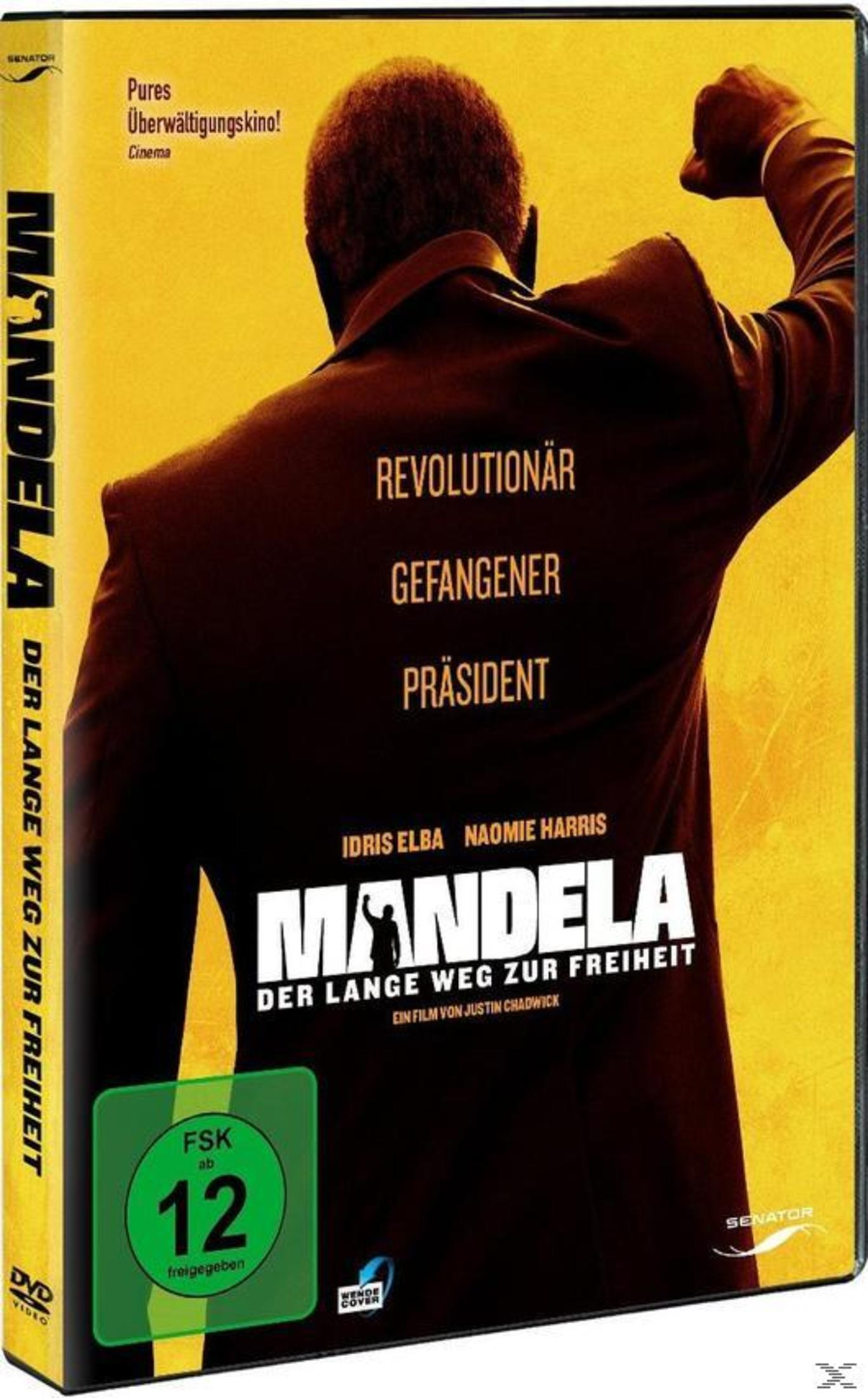 DVD-Hülle von Mandela - Der lange Weg zur Freiheit mit einem Mann von hinten vor gelbem Hintergrund und FSK-12-Logo.