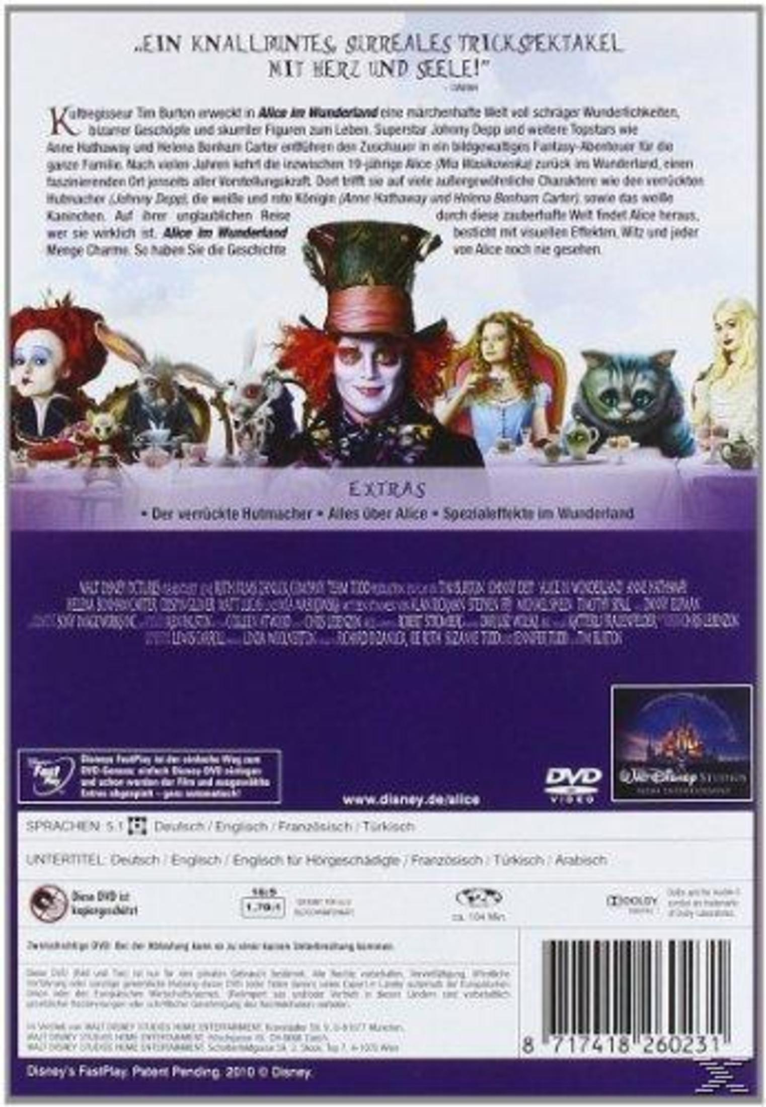 DVD-Rückseite von Alice im Wonderland mit Charakteren und deutscher Filmbeschreibung.