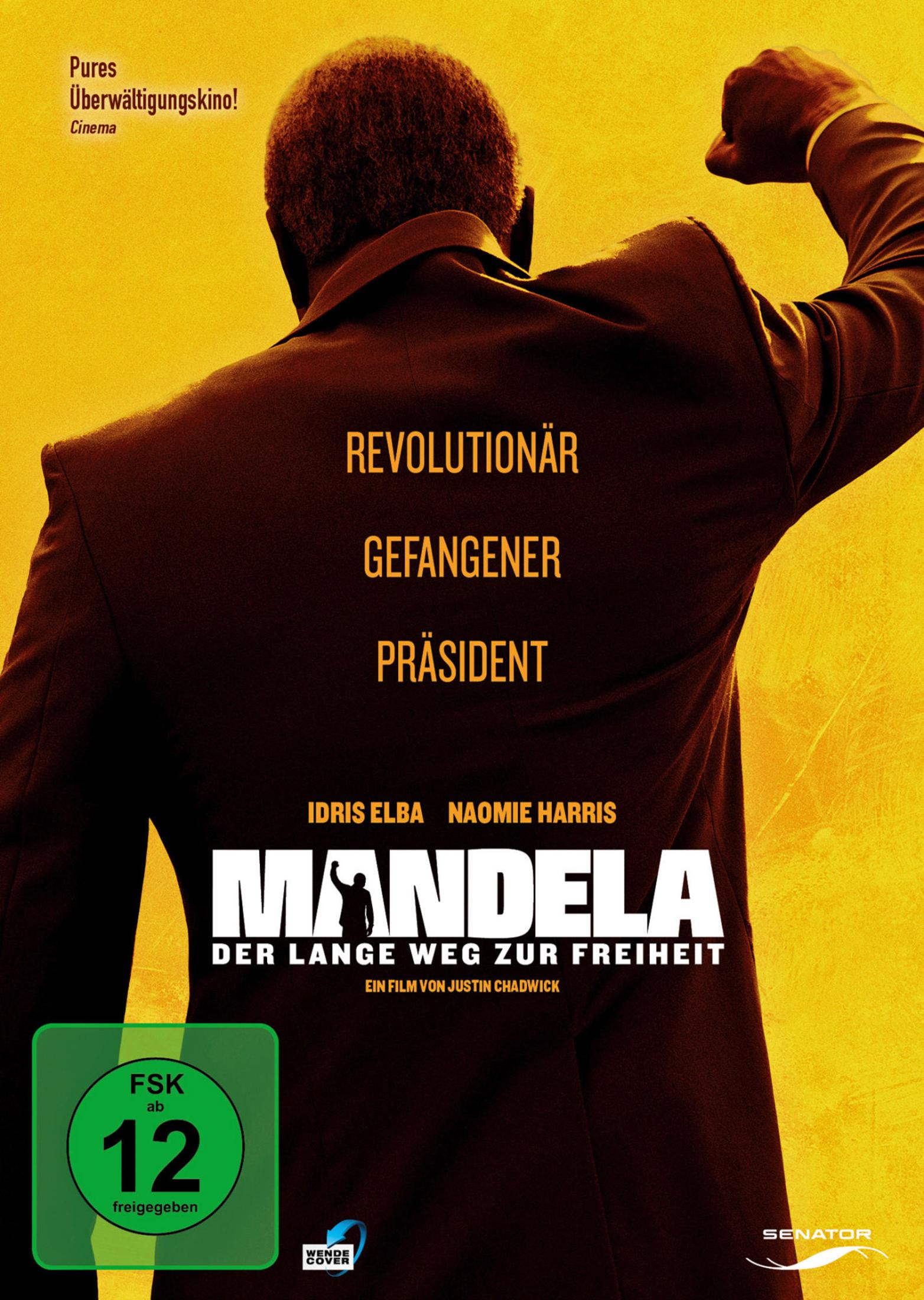 Filmposter zu Mandela: Der lange Weg zur Freiheit mit Idris Elba und erhobener Faust vor gelbem Hintergrund.