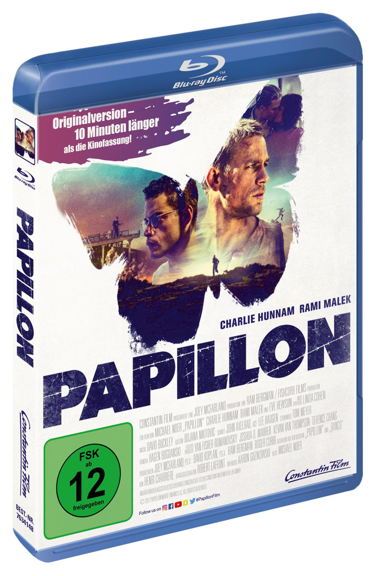 Papillon Blu-ray Hülle mit Charlie Hunnam und Rami Malek im Schmetterlingsdesign.