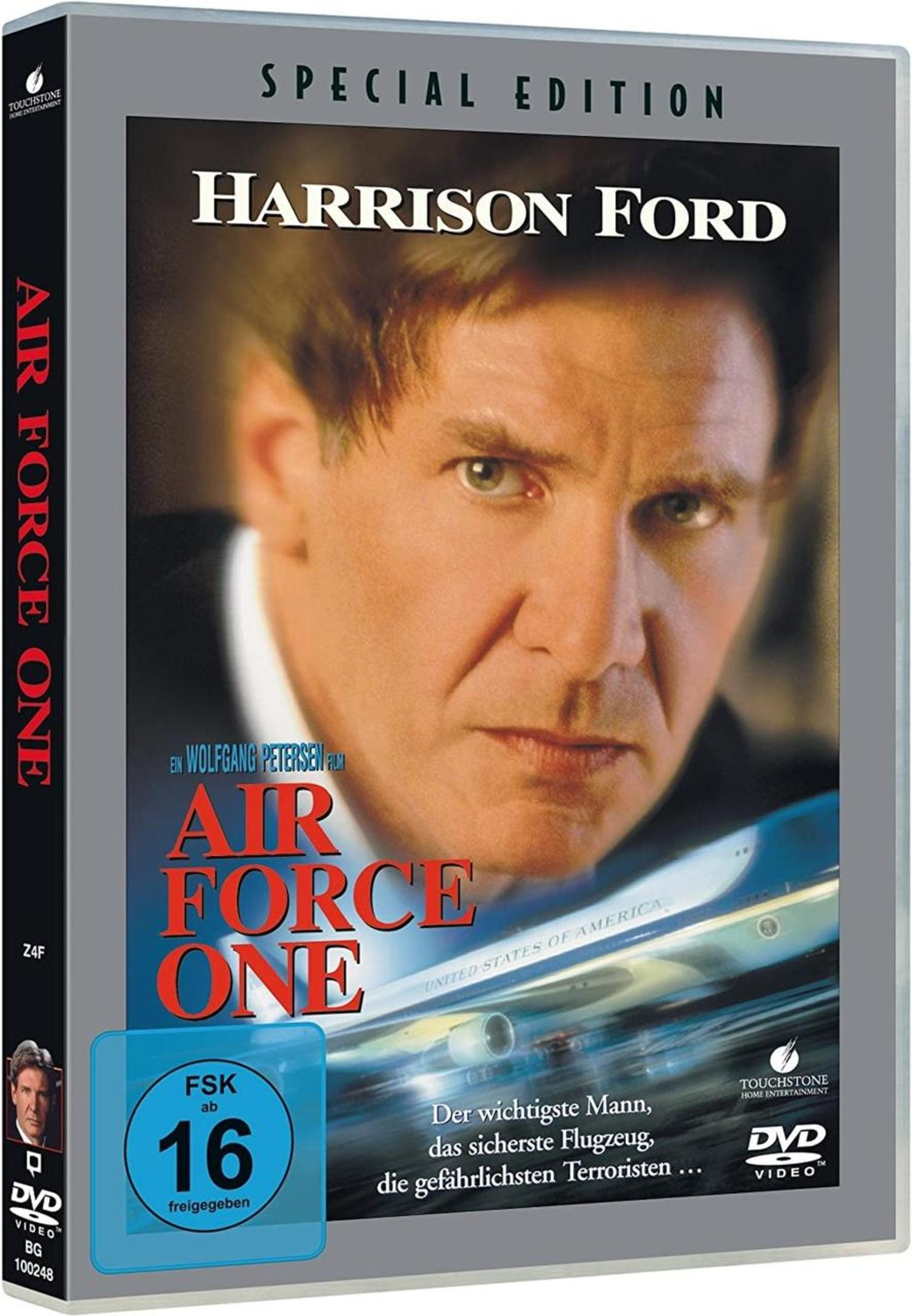 DVD-Hülle von Air Force One mit Harrison Ford, der Titel und das Flugzeug sind zu sehen.