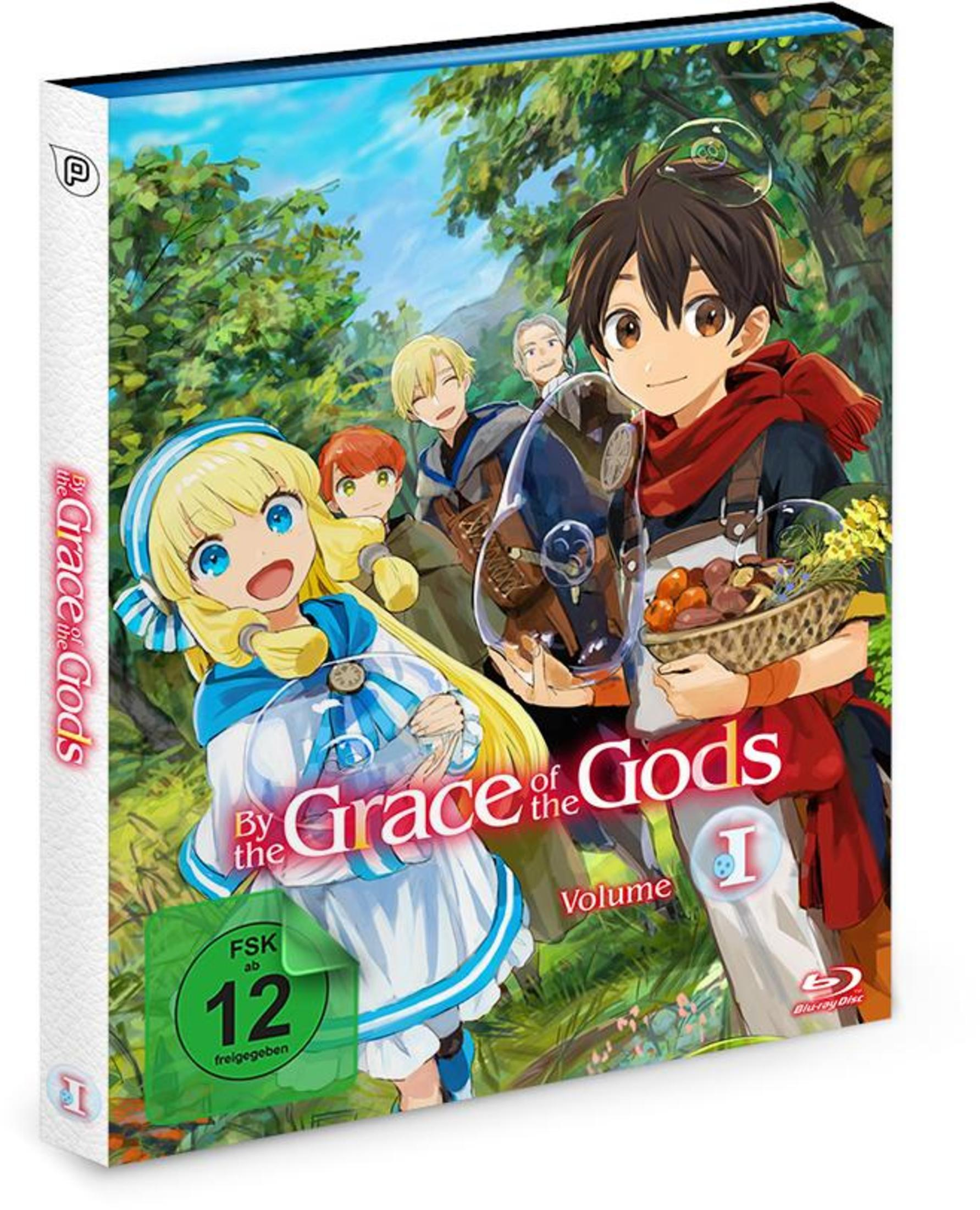 Anime-Blu-ray-Hülle zeigt Charaktere in einer Waldlandschaft, Titel lautet By the Grace of the Gods Volume 1.
