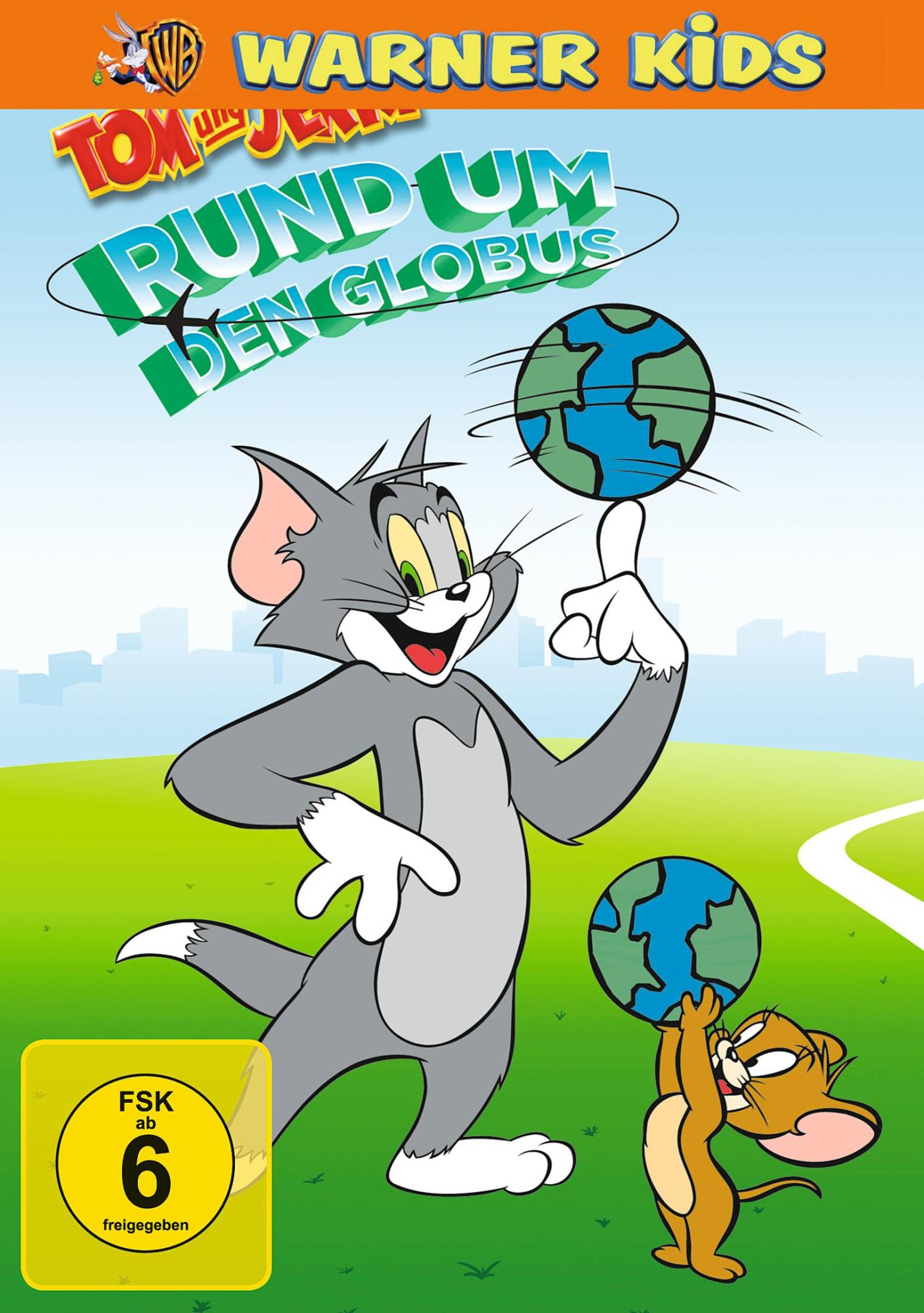 Tom und Jerry drehen Globen auf ihren Fingern in einem Park.