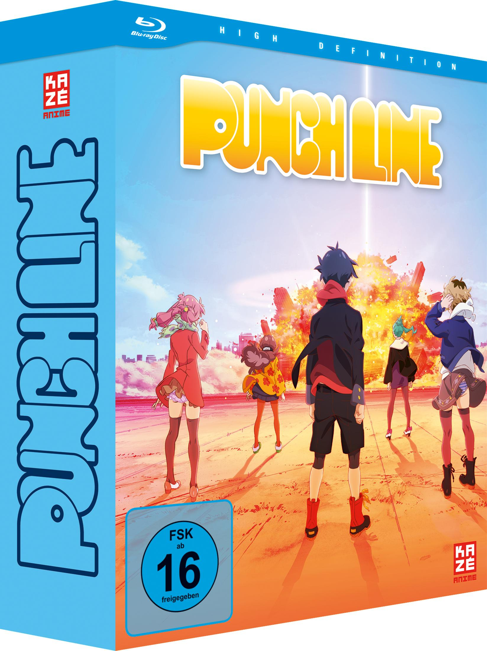 Anime Blu-ray Hülle mit fünf Charakteren, die vor einer großen Explosion in einer Stadt stehen.