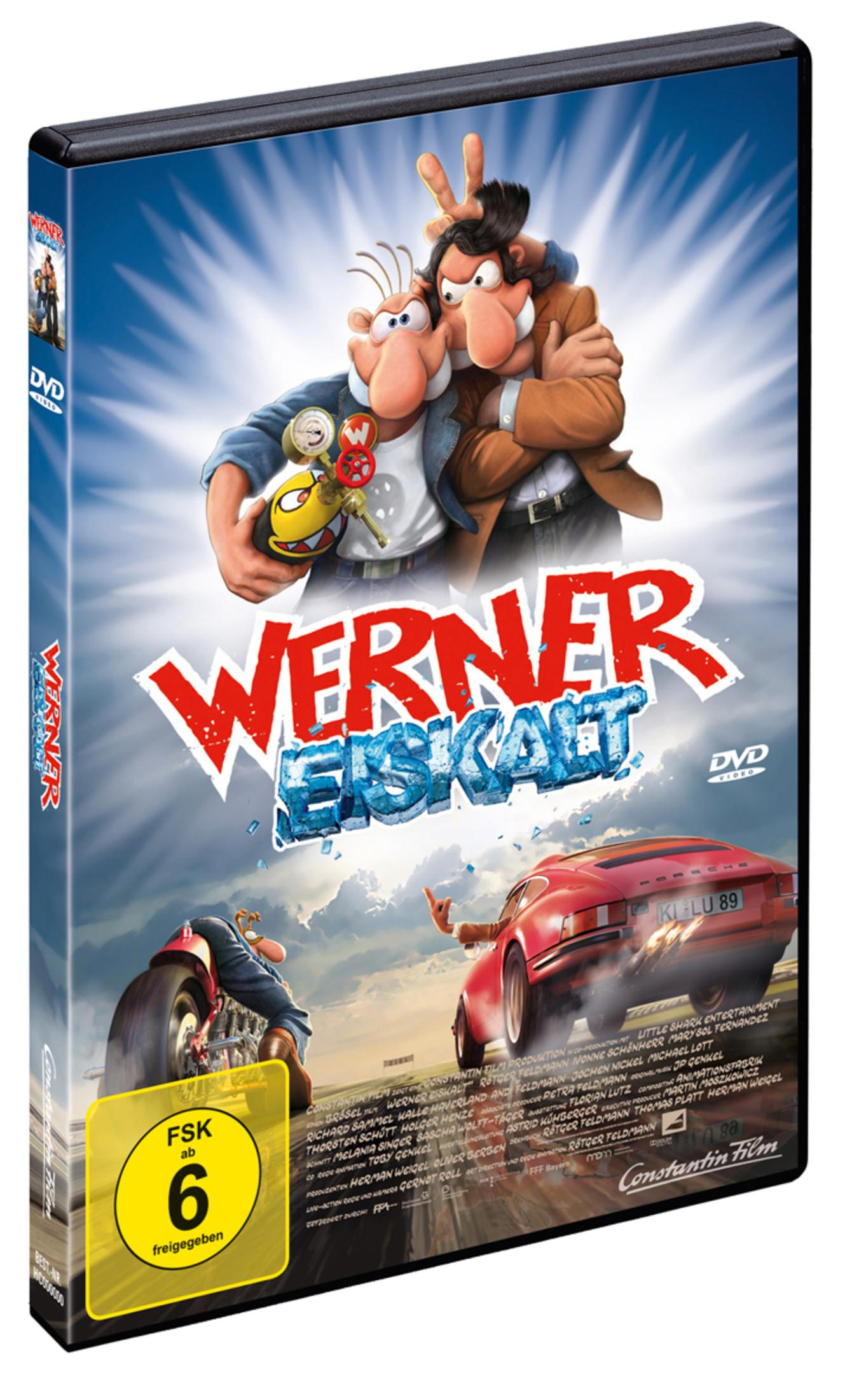 DVD-Cover von Werner - Eiskalt, zeigtzwei Cartoon-Figuren, ein Motorrad und ein rotes Auto.