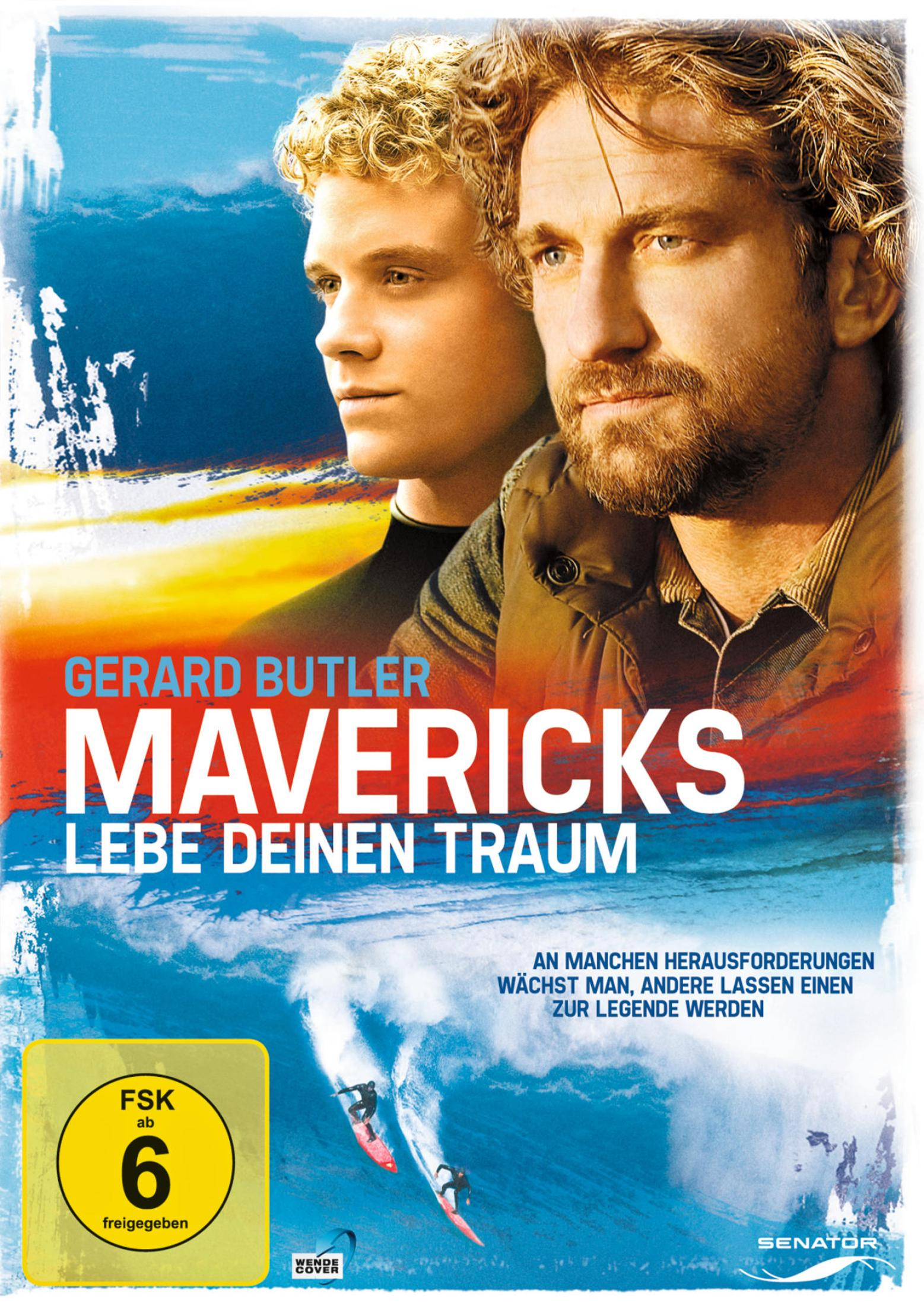DVD-Cover von Mavericks mit Gerard Butler und einem jungen Surfer vor blauem Meereshintergrund.