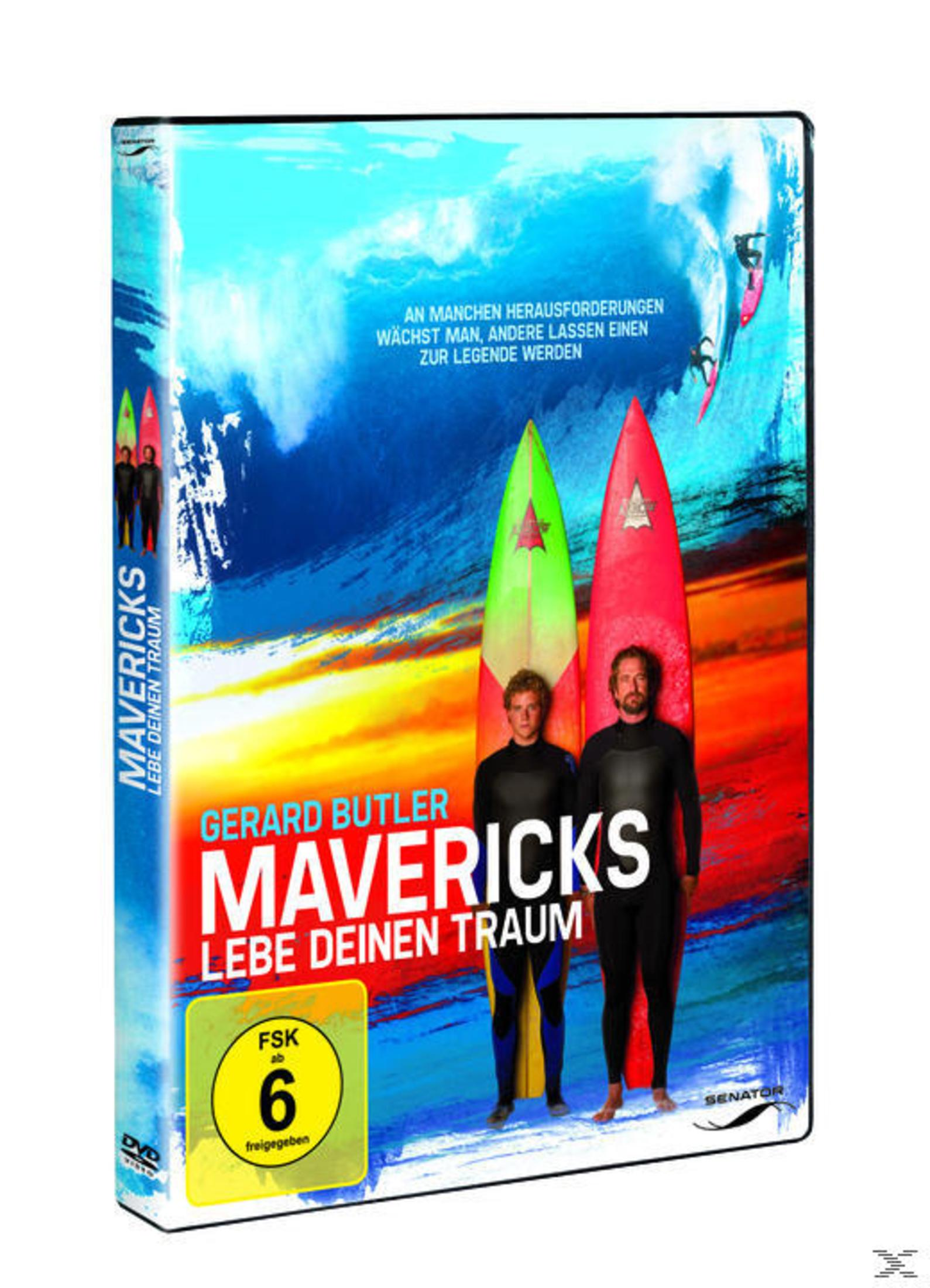 DVD-Cover von Mavericks mit Gerard Butler und einem Surfer vor einer bunten Welle und Text.