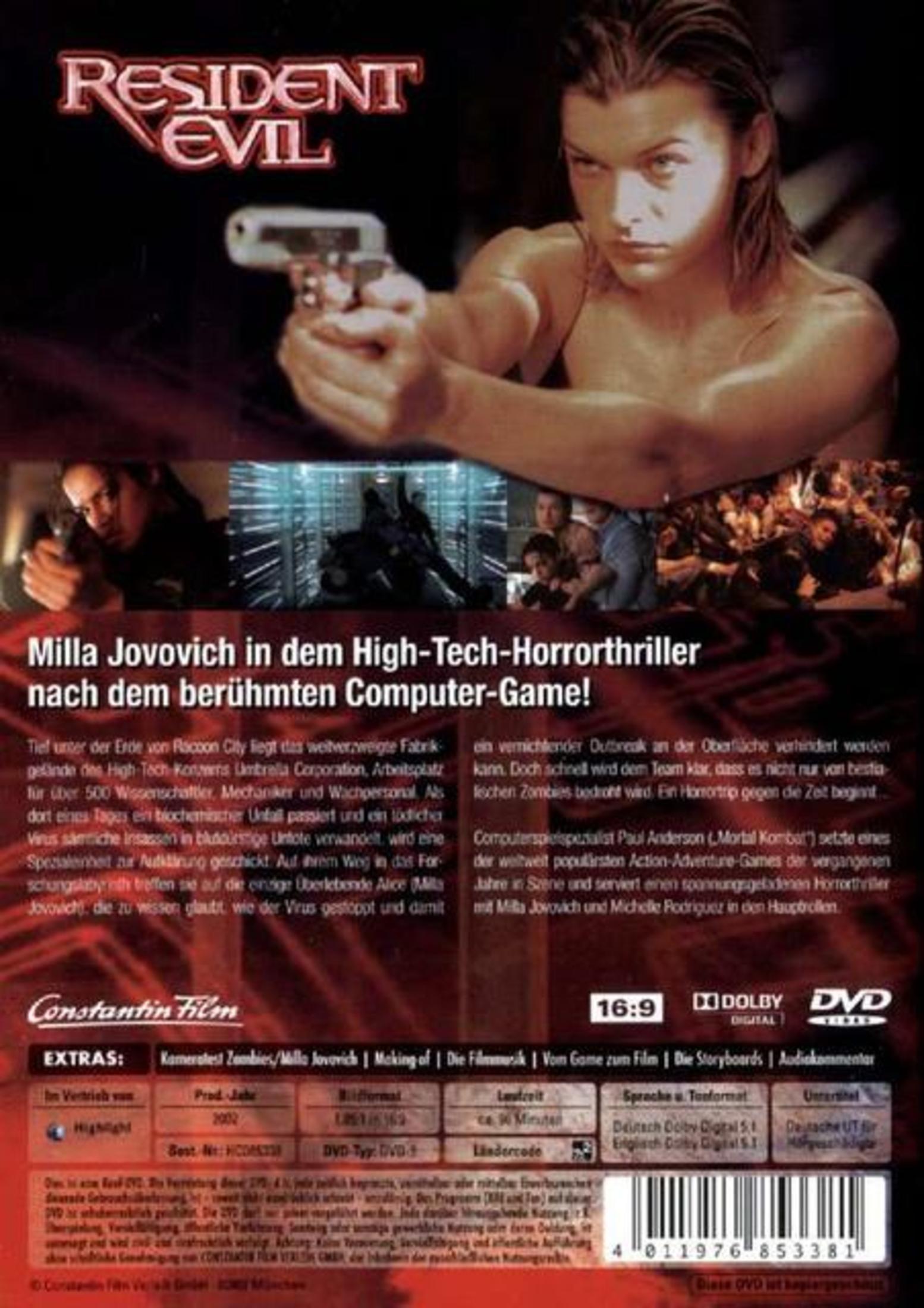 DVD-Hülle des Films Resident Evil mit Milla Jovovich und einer Waffe auf dem Cover.