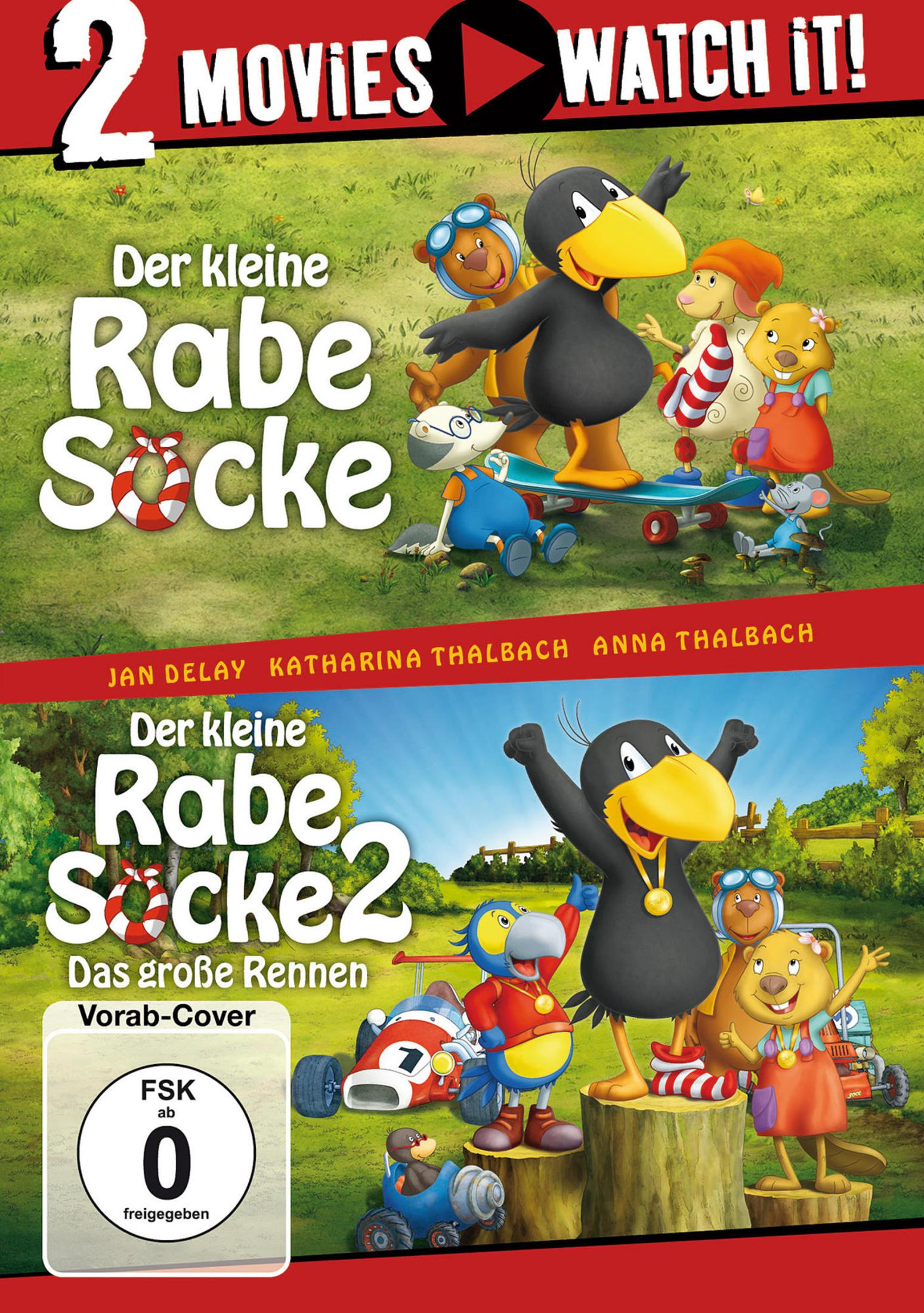 DVD-Cover mit animated Figuren wie dem kleinen Raben Socke und seinen Freunden auf einer grünen Wiese.