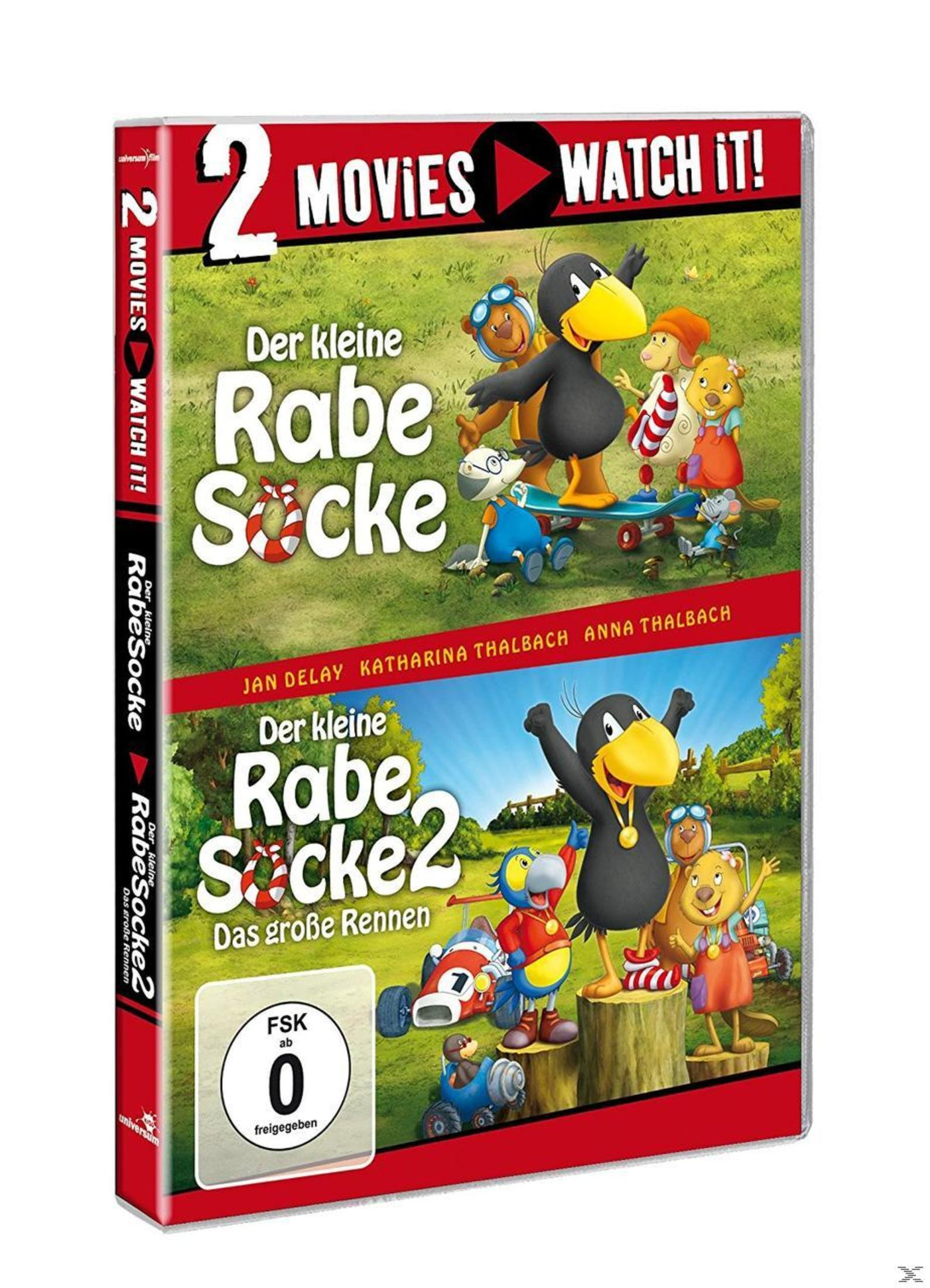 DVD-Hülle von 'Der kleine Rabe Socke' mit animierten Charakteren in einer bunten Wiesenlandschaft.
