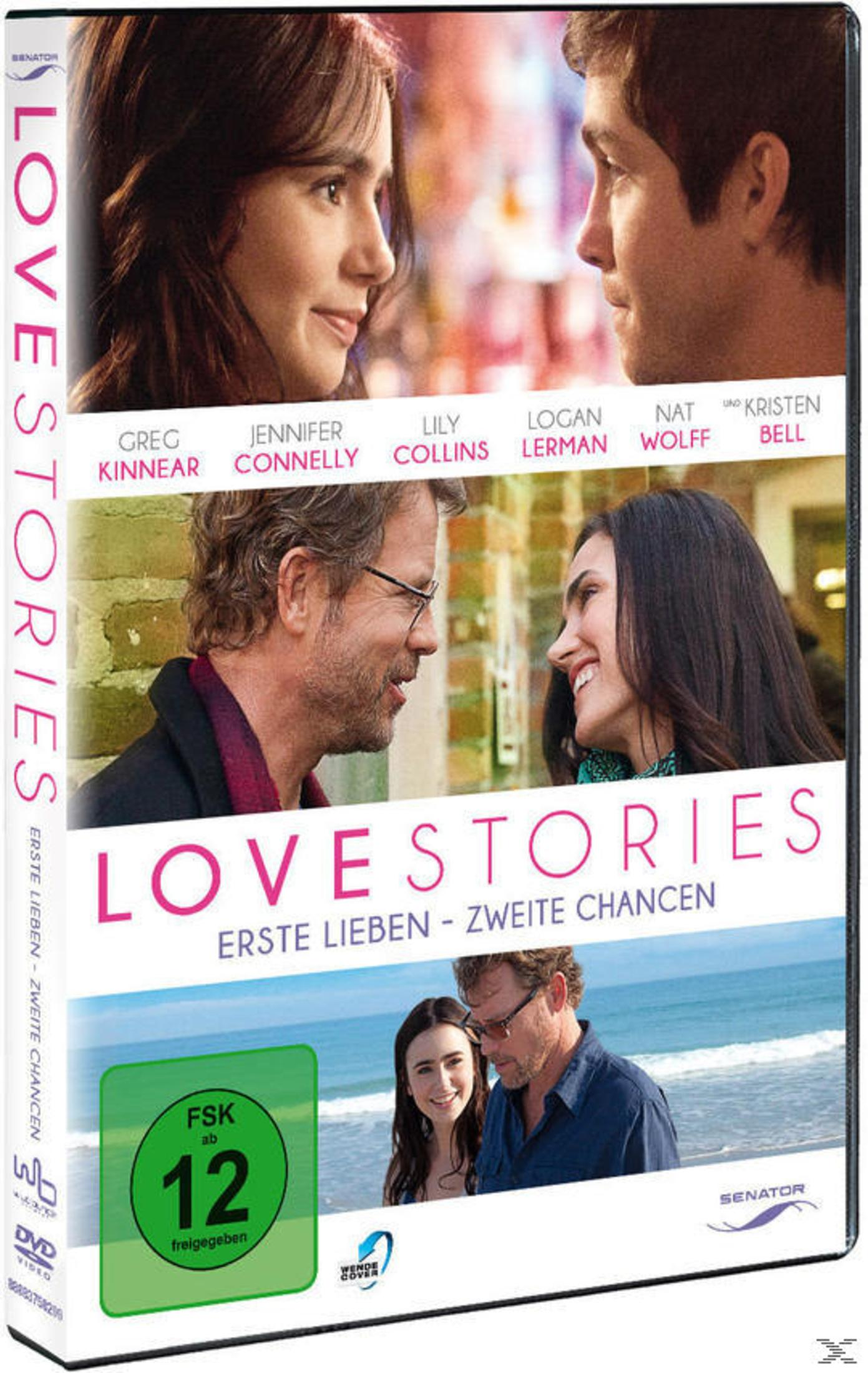 DVD-Hülle von 'Love Stories' mit verschiedenen romantischen Szenen und Schauspielern wie Lily Collins.