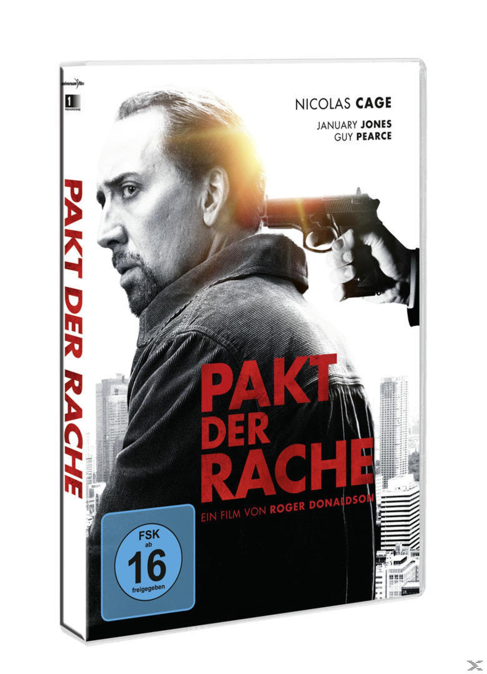DVD-Cover von Pakt der Rache mit Nicolas Cage, dem eine Waffe an den Kopf gehalten wird, vor einer Skyline.