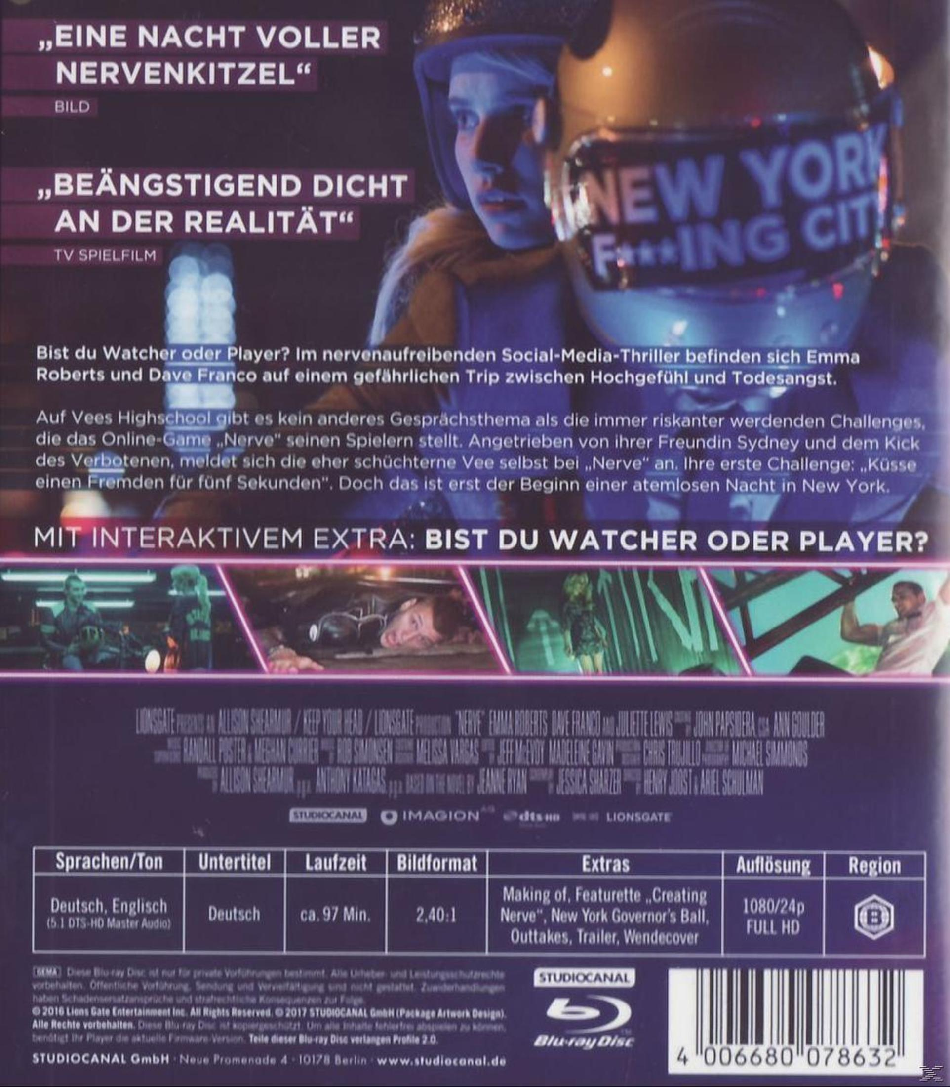 Rückseite einer Blu-ray-Hülle des Films Nerve mit Szenenbildern, Text und technischen Details.