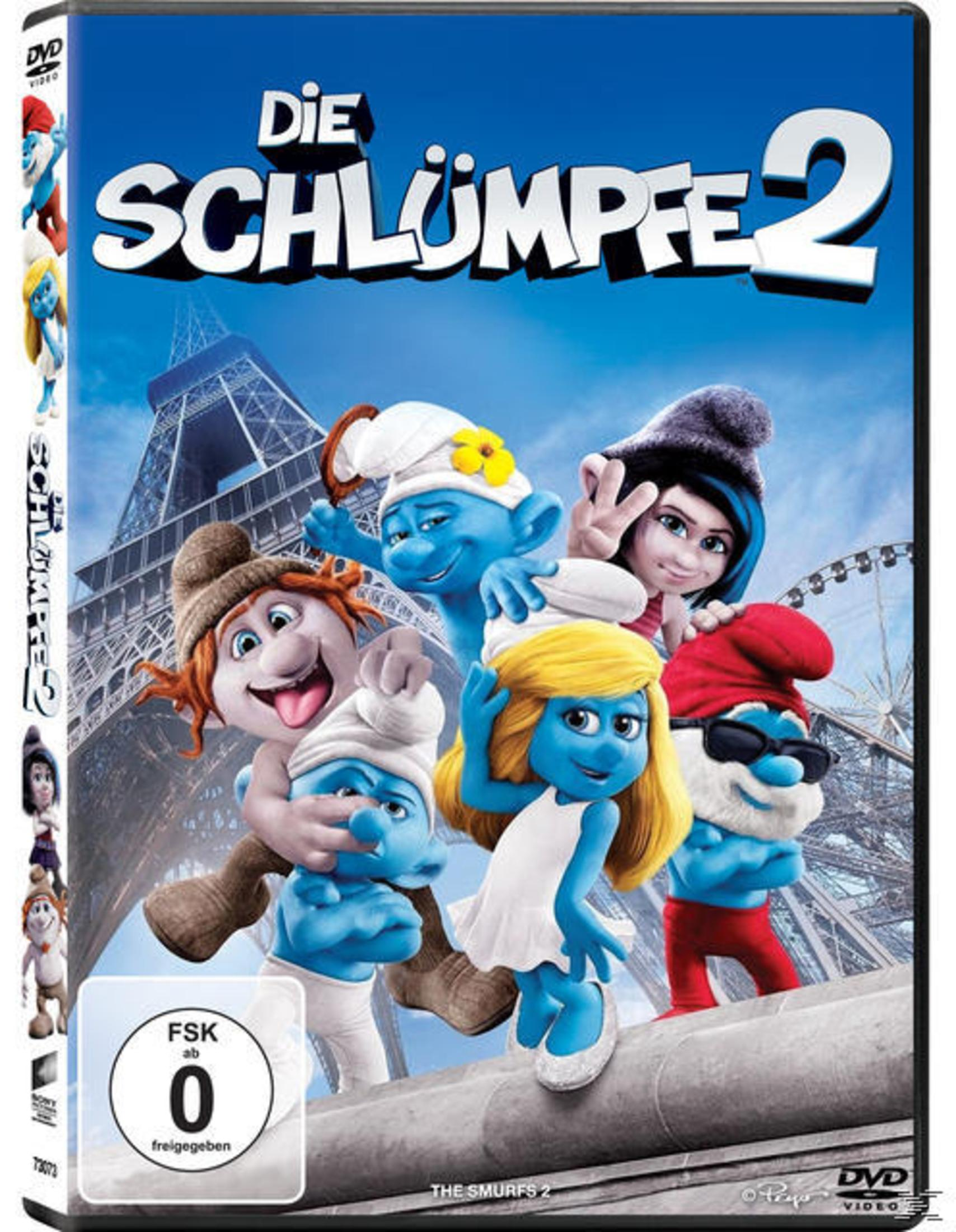 DVD-Hülle von Die Schlümpfe 2 mit Schlümpfen vor dem Eiffelturm in Paris und einem FSK-0-Logo.