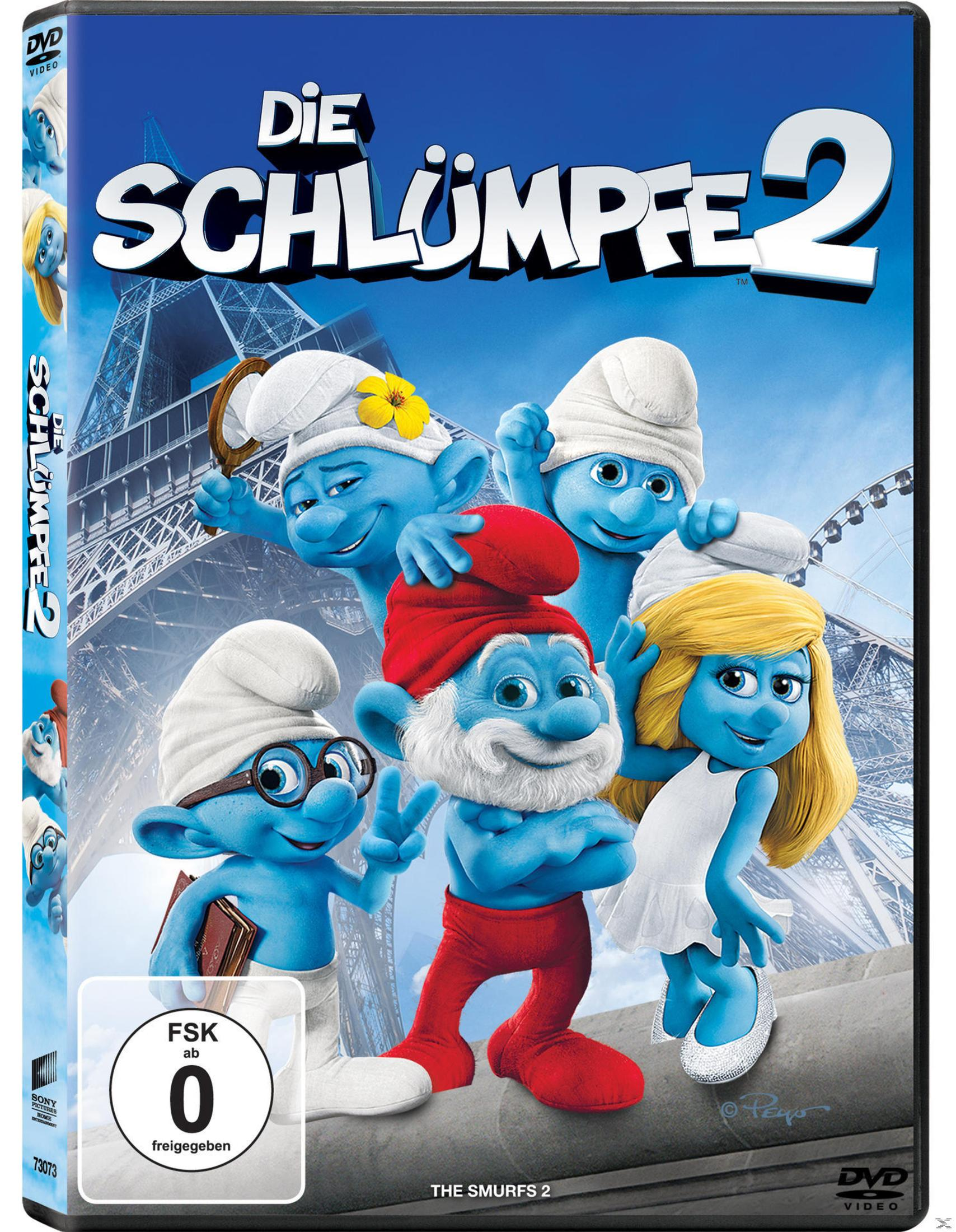 Die Schlümpfe 2 DVD-Hülle mit blauen Charakteren vor dem Eiffelturm in Paris.