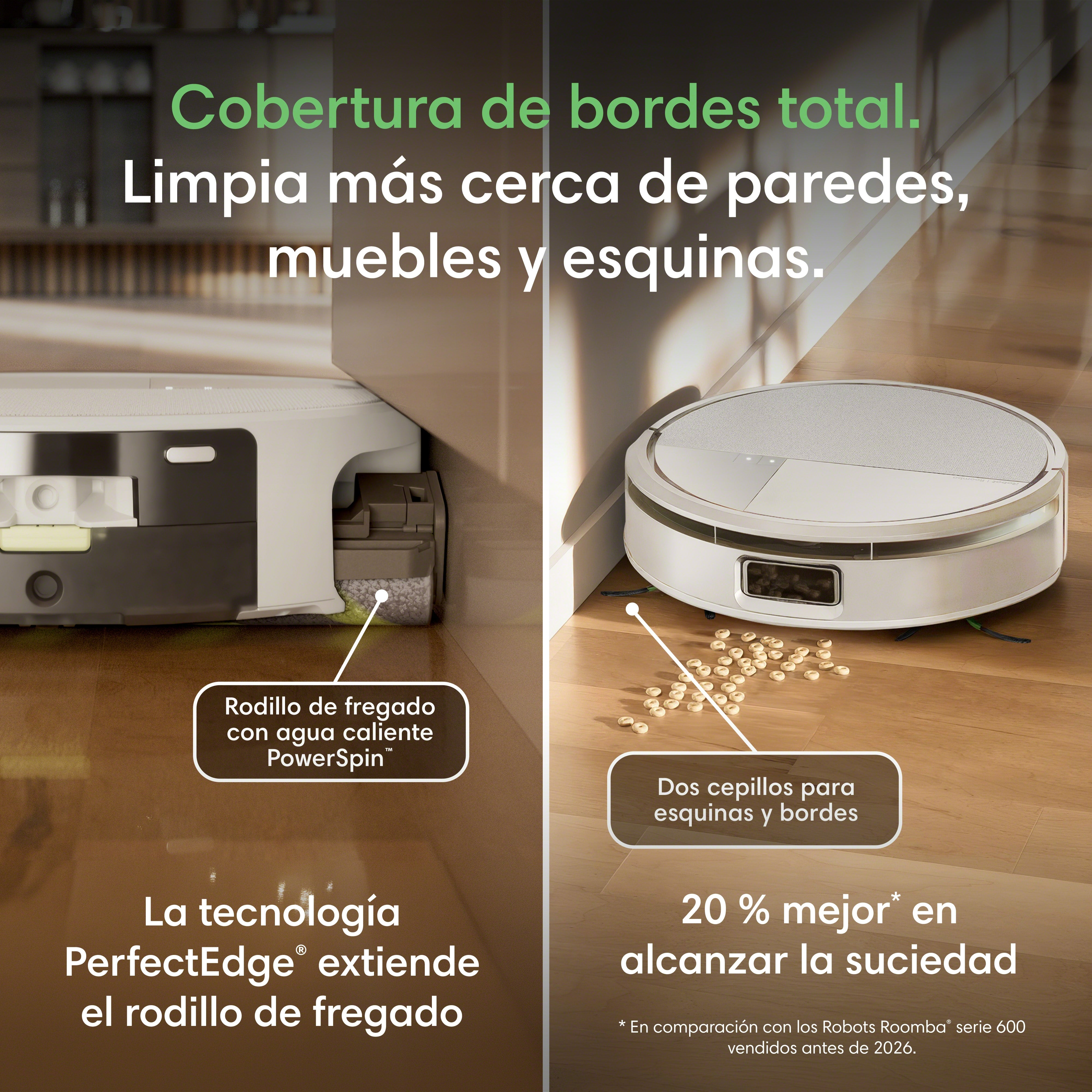 Imagen publicitaria de un robot aspirador limpiando cerca de los bordes.