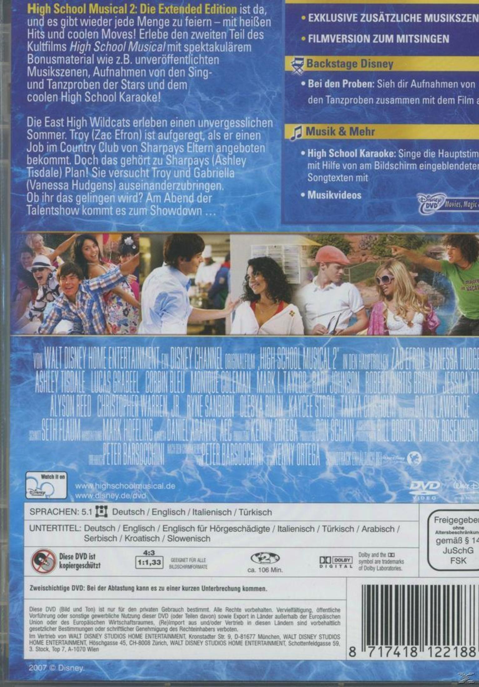 DVD-Rückseite von High School Musical 2 mit Texten, Fotos der Besetzung und technischen Details auf Deutsch.