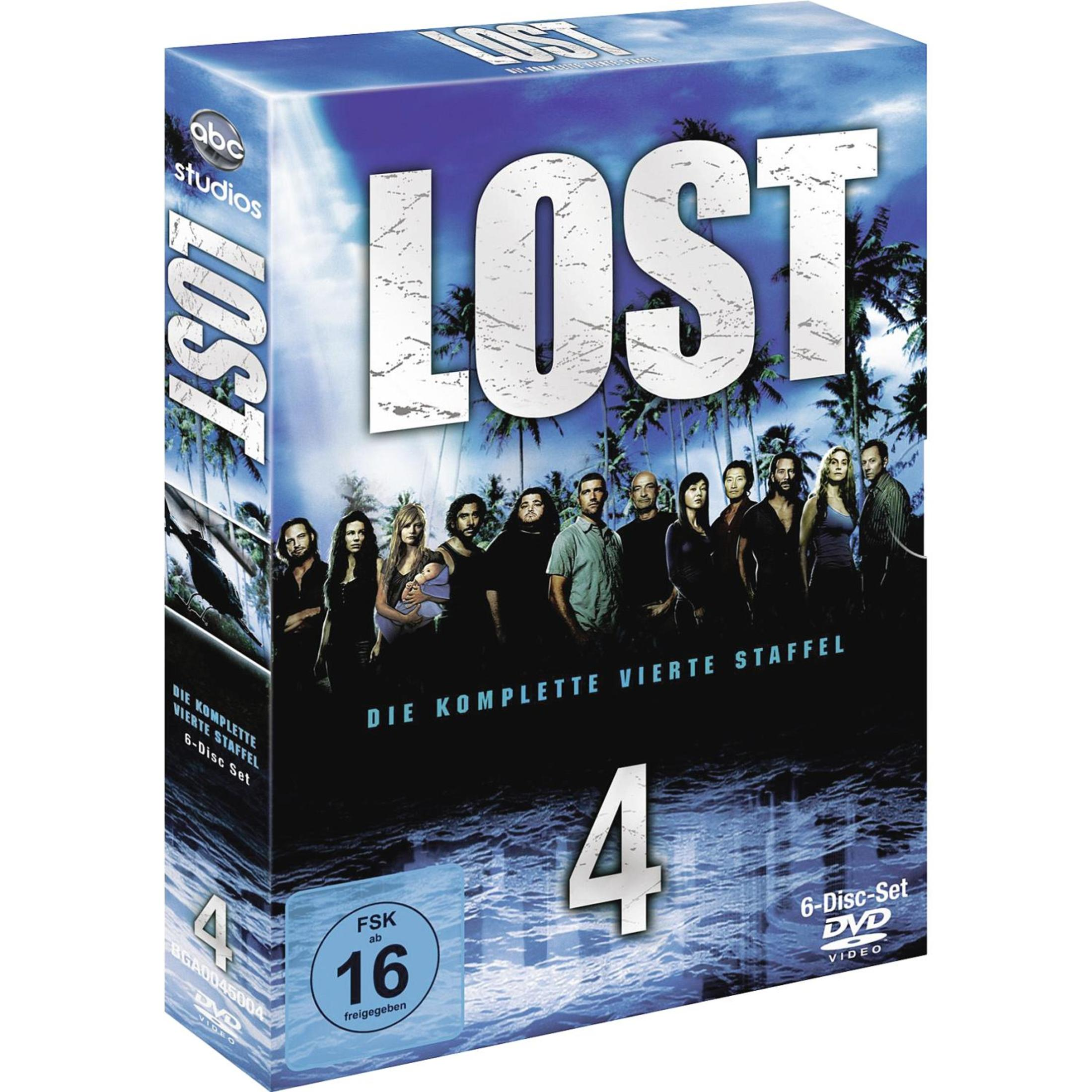 DVD-Box der vierten Staffel von Lost mit Hauptdarstellern vor einer tropischen Insel.