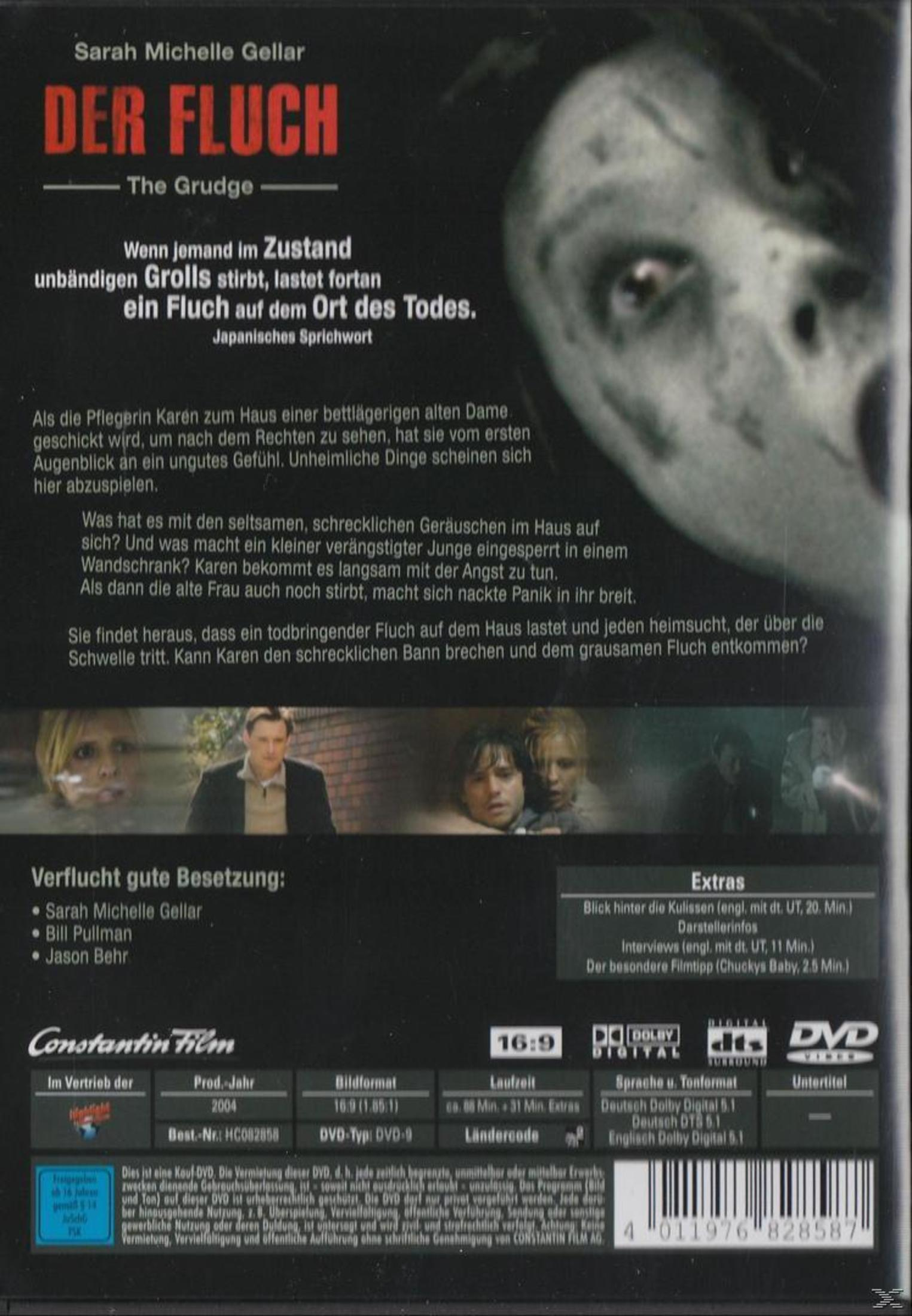 Die Rückseite der DVD Der Fluch mit Texten, Szenenbildern und technischen Informationen.