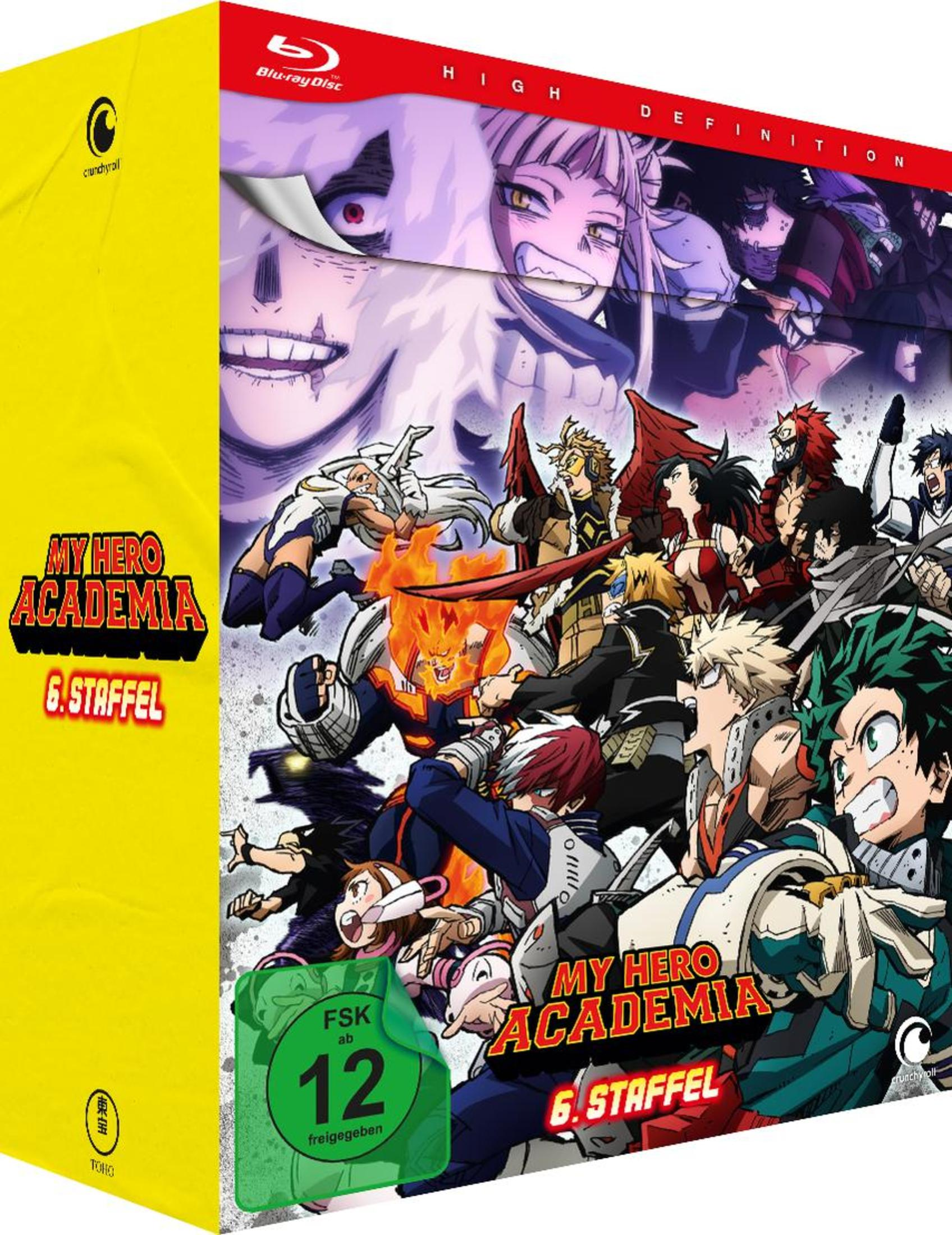 My Hero Academia Staffel 6 Blu-ray-Box mit verschiedenen Helden und Bösewichten in einer Action-Collage.