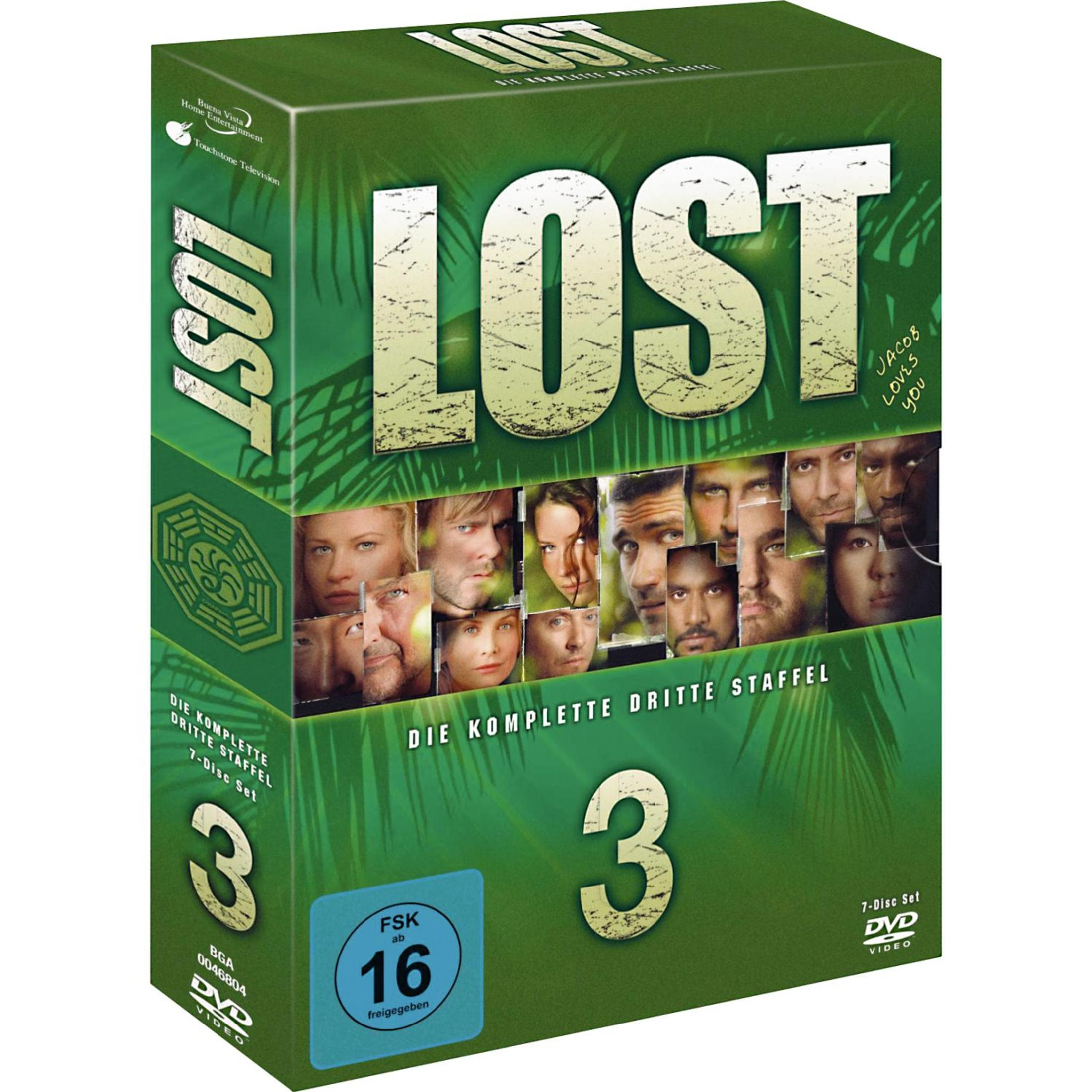 DVD-Box der dritten Staffel von Lost mit Hauptcharakteren und grünem Hintergrund.
