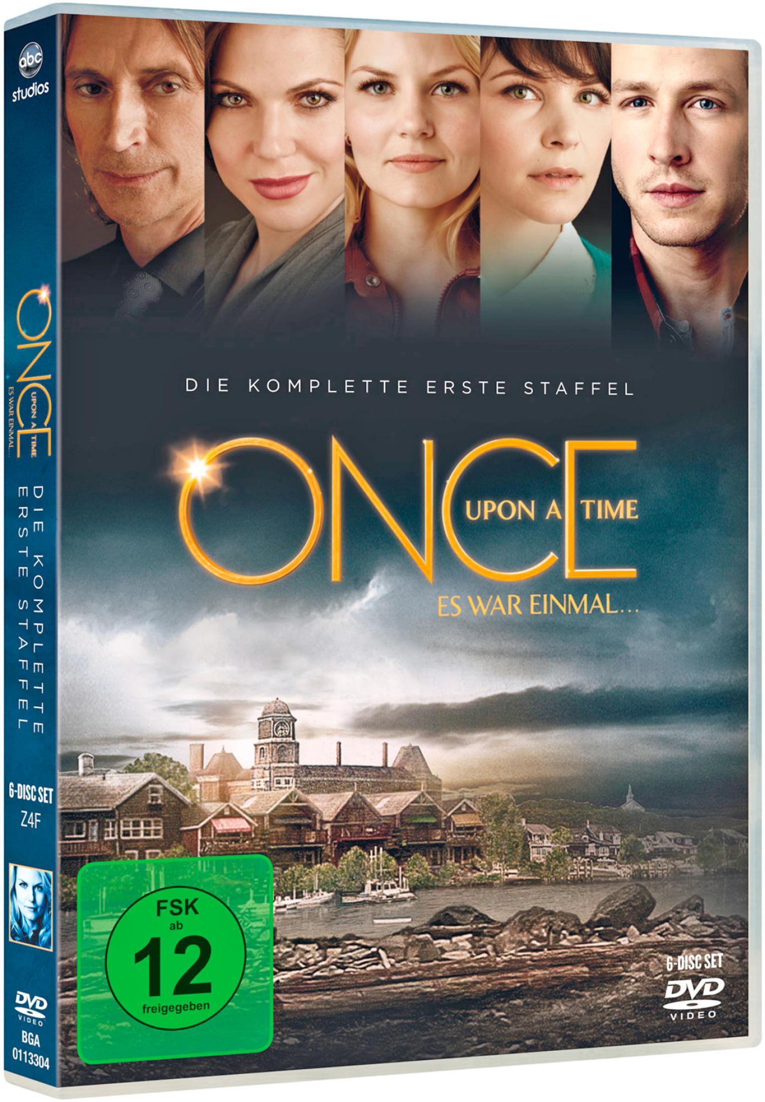 DVD-Cover der ersten Staffel von Once Upon a Time mit fünf Hauptfiguren über einer düsteren Stadt und felsiger Küste.