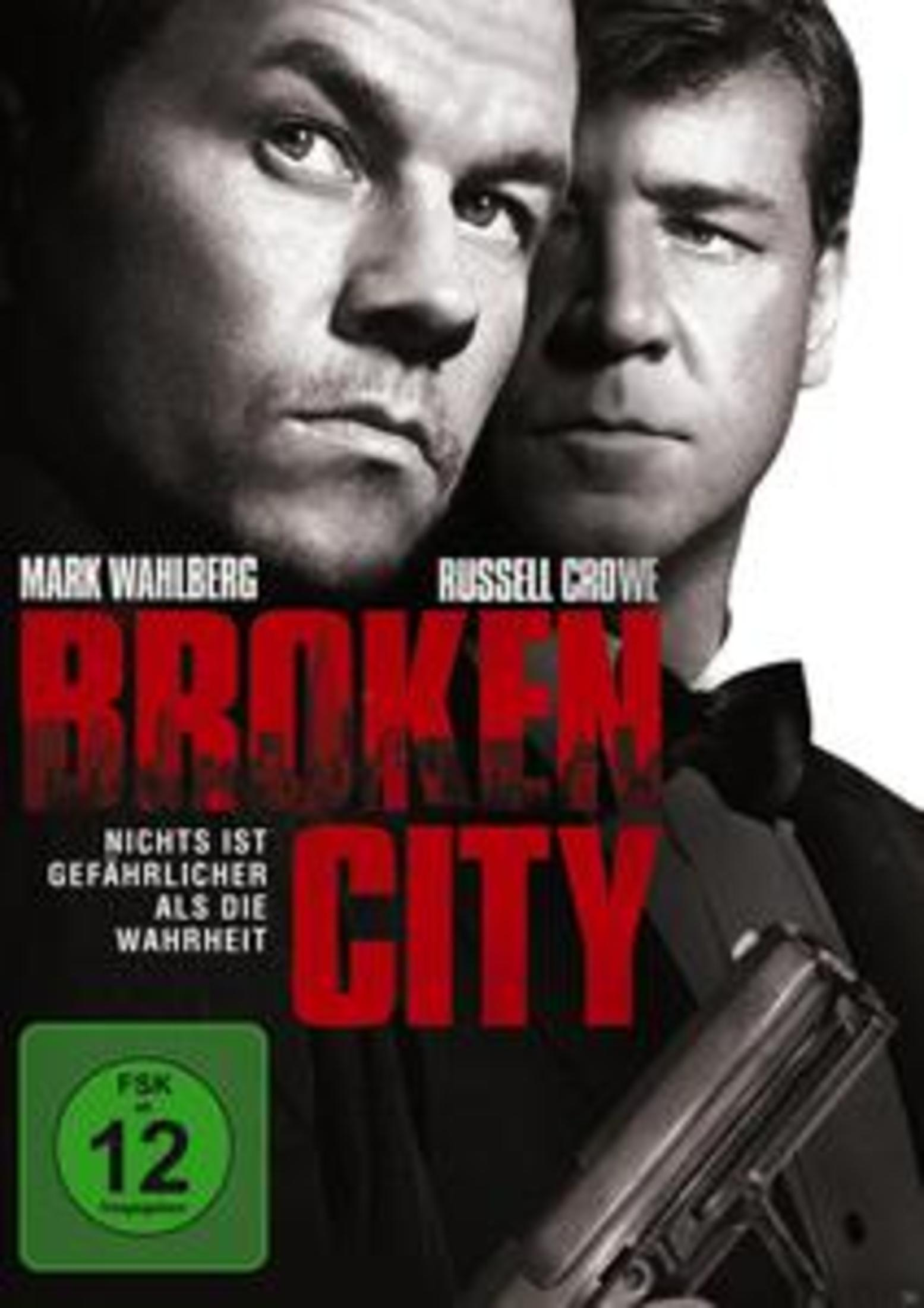 Filmposter von Broken City mit Mark Wahlberg und Russell Crowe im Vordergrund, eine Waffe ist zu sehen.