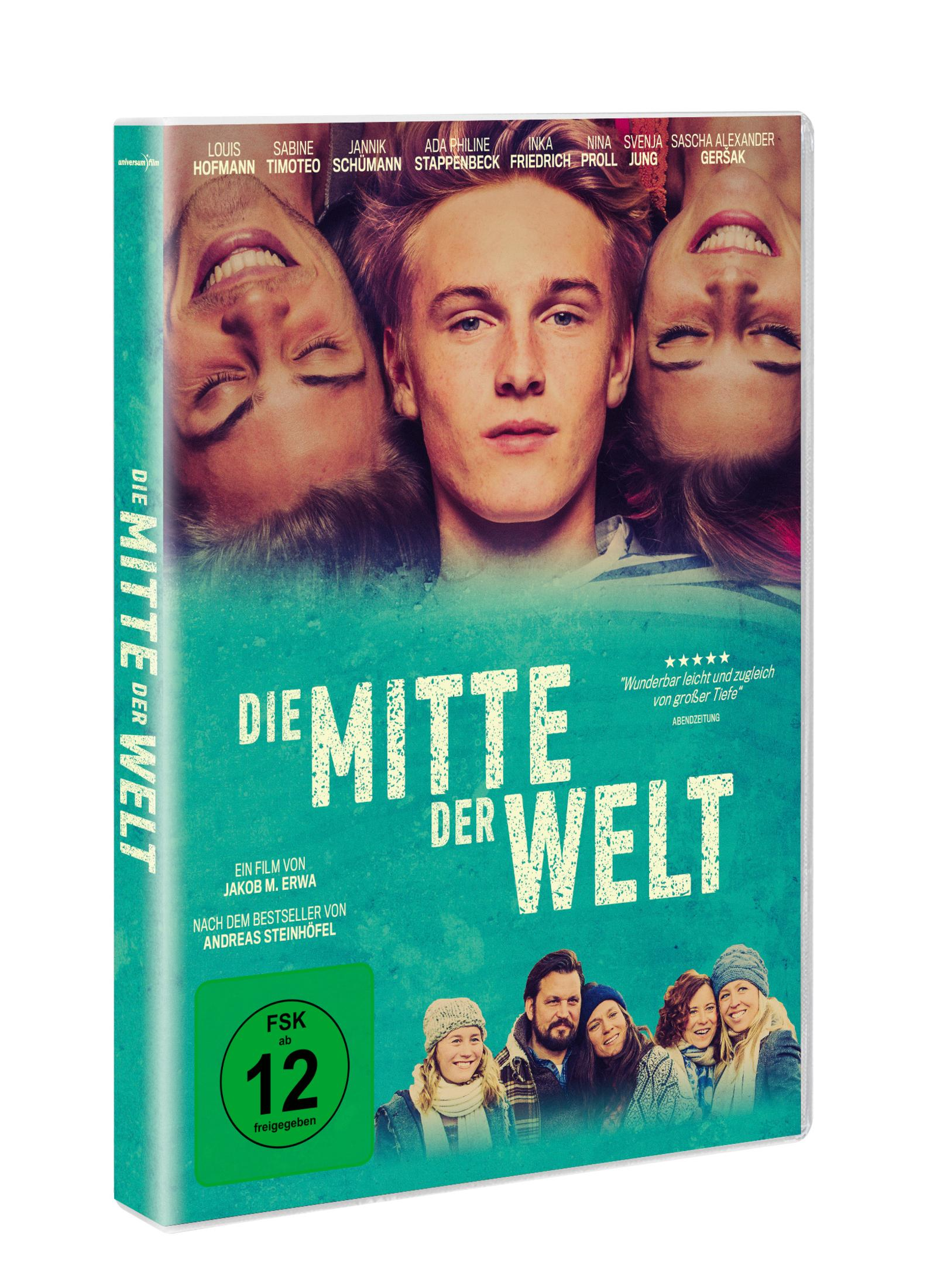 DVD-Cover für 'Die Mitte der Welt' mit drei Gesichtern oben und einer Gruppe unten.