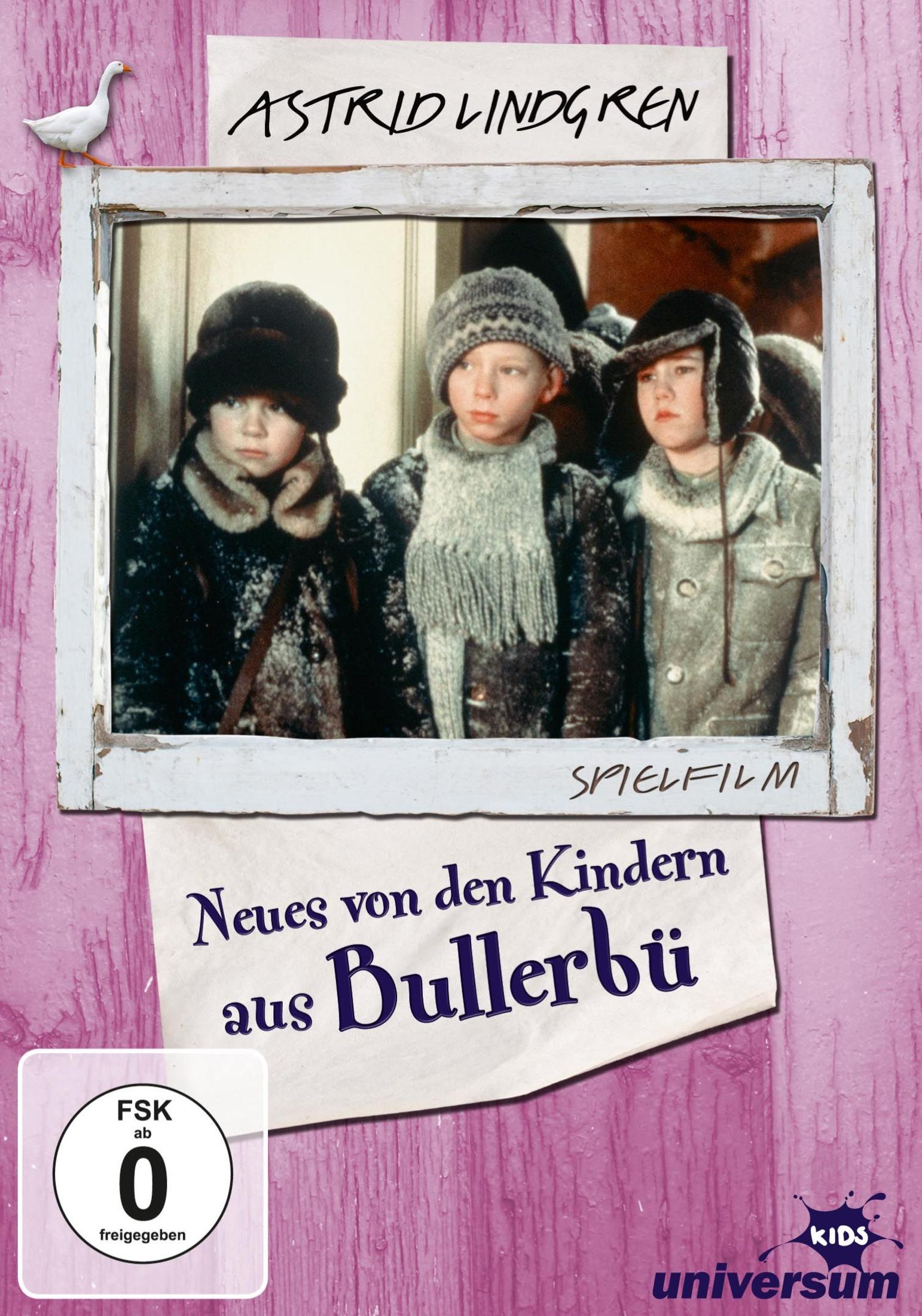 Filmplakat für Kinder aus Bullerbü mit drei Kindern in Winterkleidung vor rosafarbenem Hintergrund.