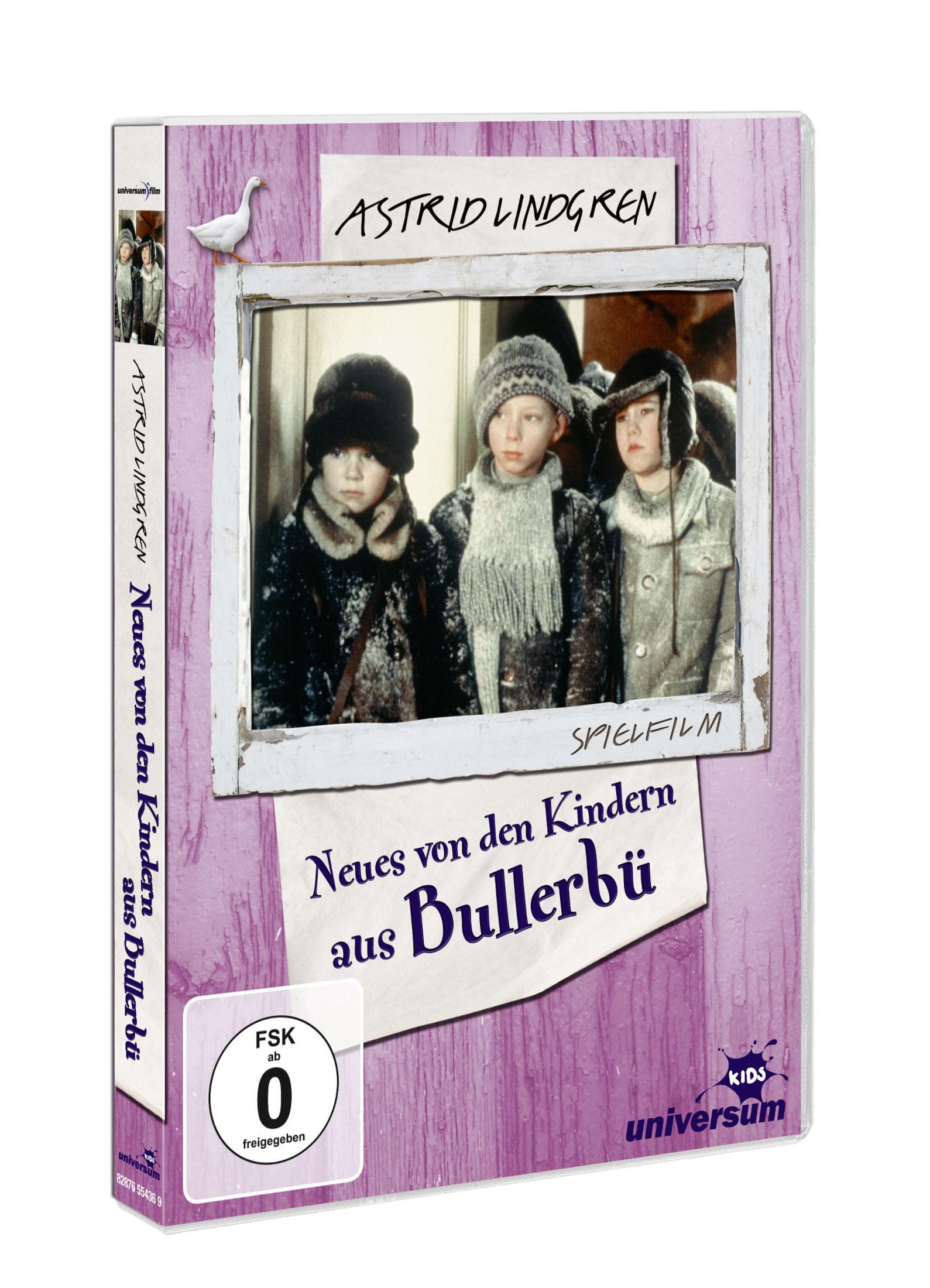 DVD-Hülle für Neues von den Kindern aus Bullerbü mit drei Kindern in Winterkleidung in einem weißen Holzrahmen.