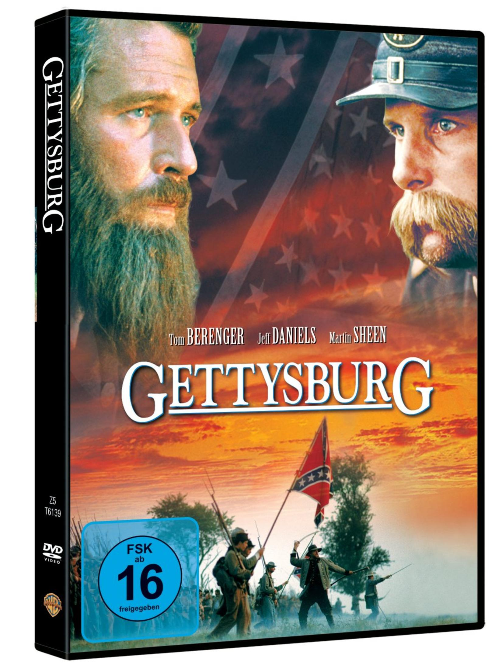 DVD-Cover von Gettysburg zeigt zwei Soldaten im Vordergrund und eine Kampfszene mit Flagge.