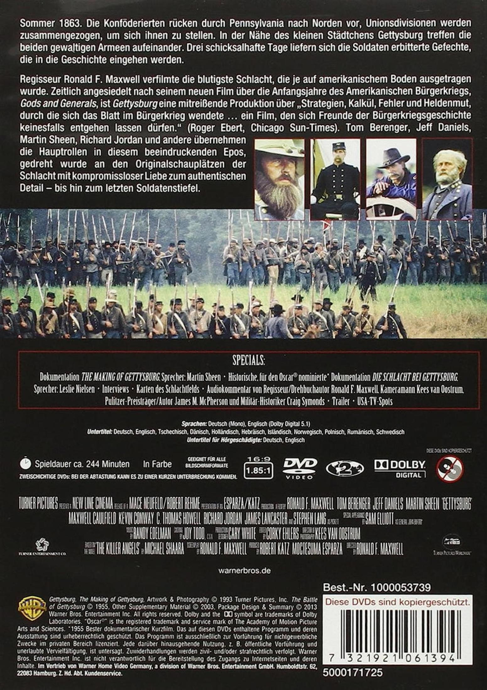 Rückseite einer Gettysburg DVD-Hülle mit Text, Bildern von Soldaten und dem Filmteam sowie technischen Details.