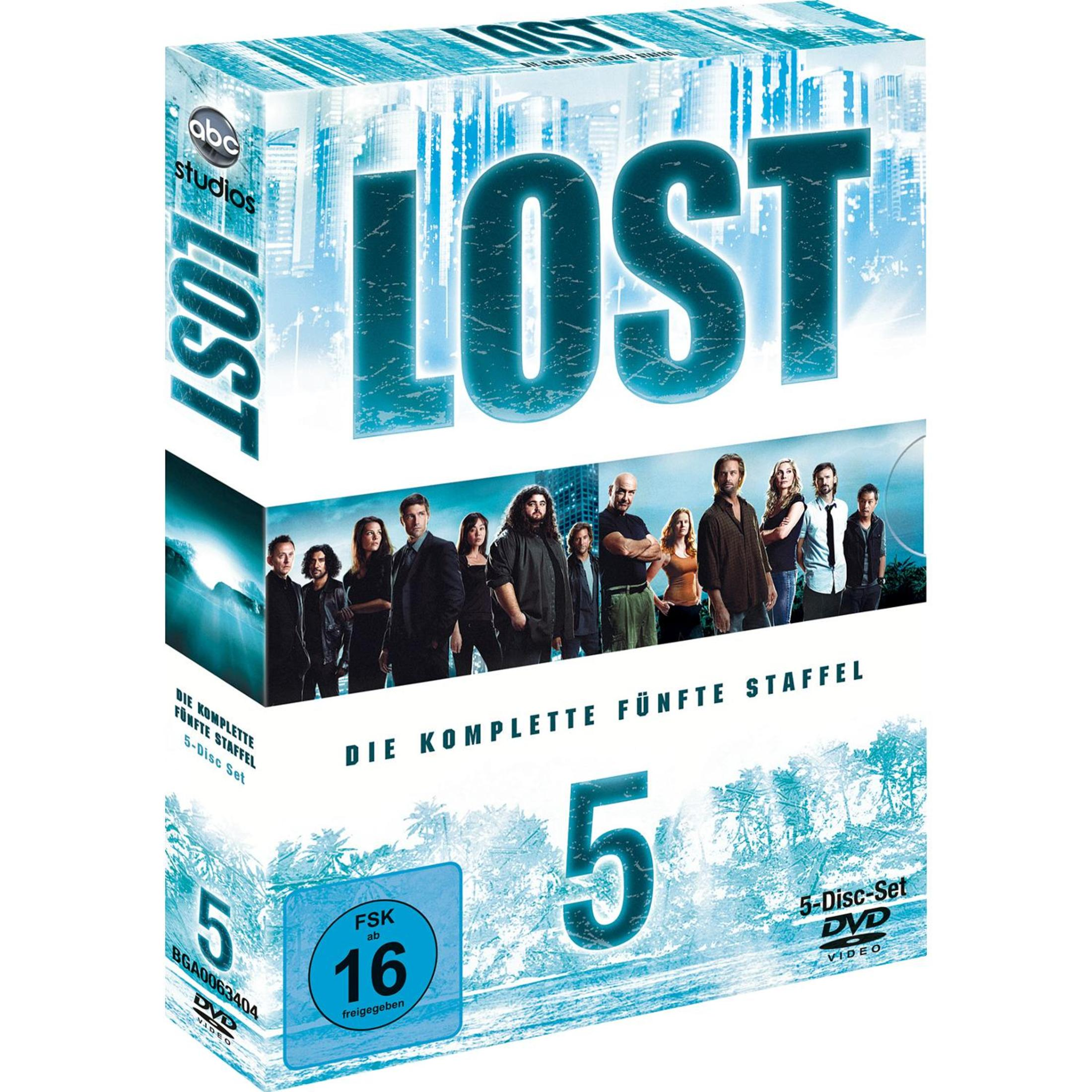DVD-Box der fünften Staffel der Serie Lost mit Cast-Bild und FSK-16-Logo.