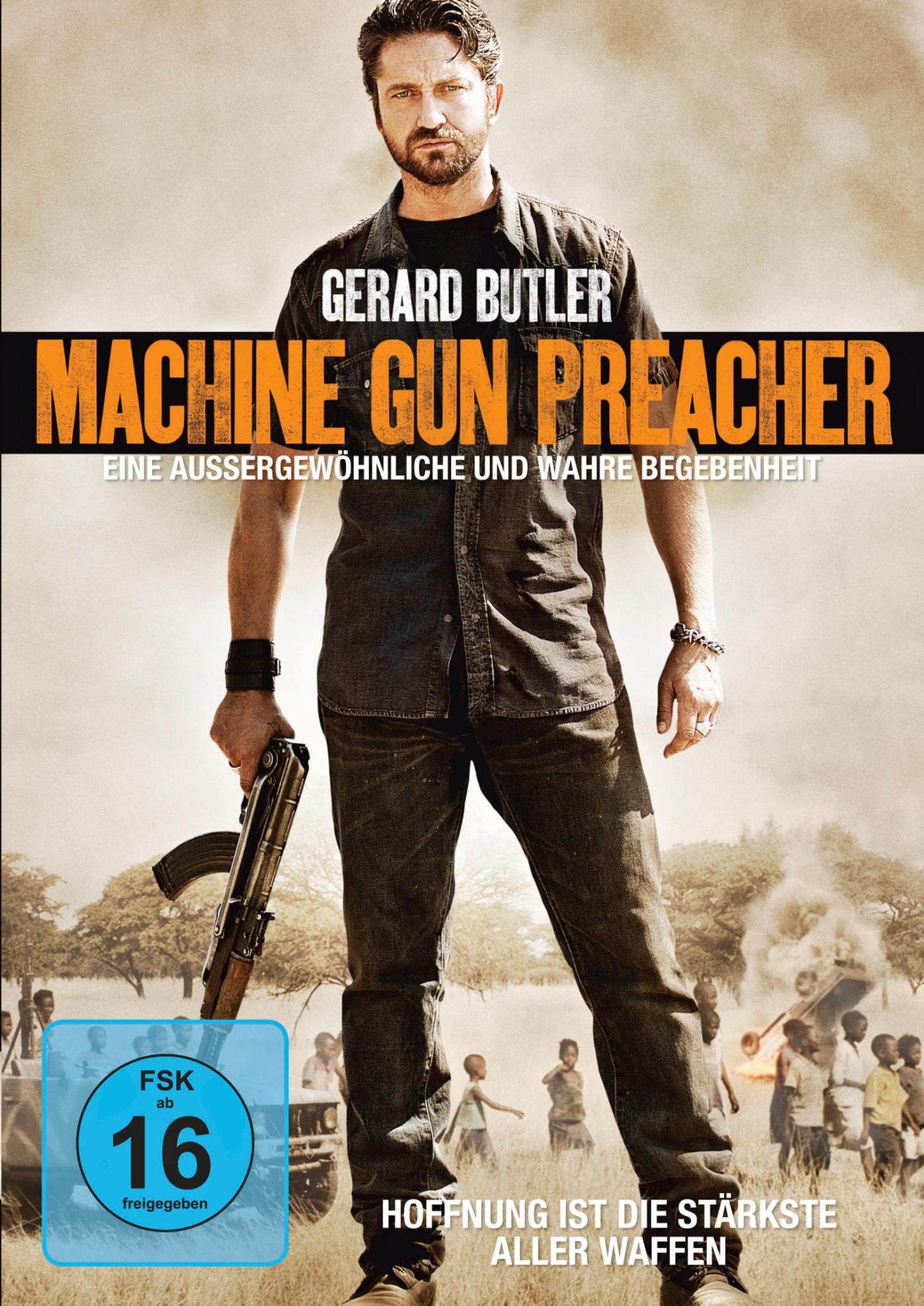 Filmplakat von Machine Gun Preacher mit Gerard Butler, der eine Waffe hält, vor einer afrikanischen Landschaft.