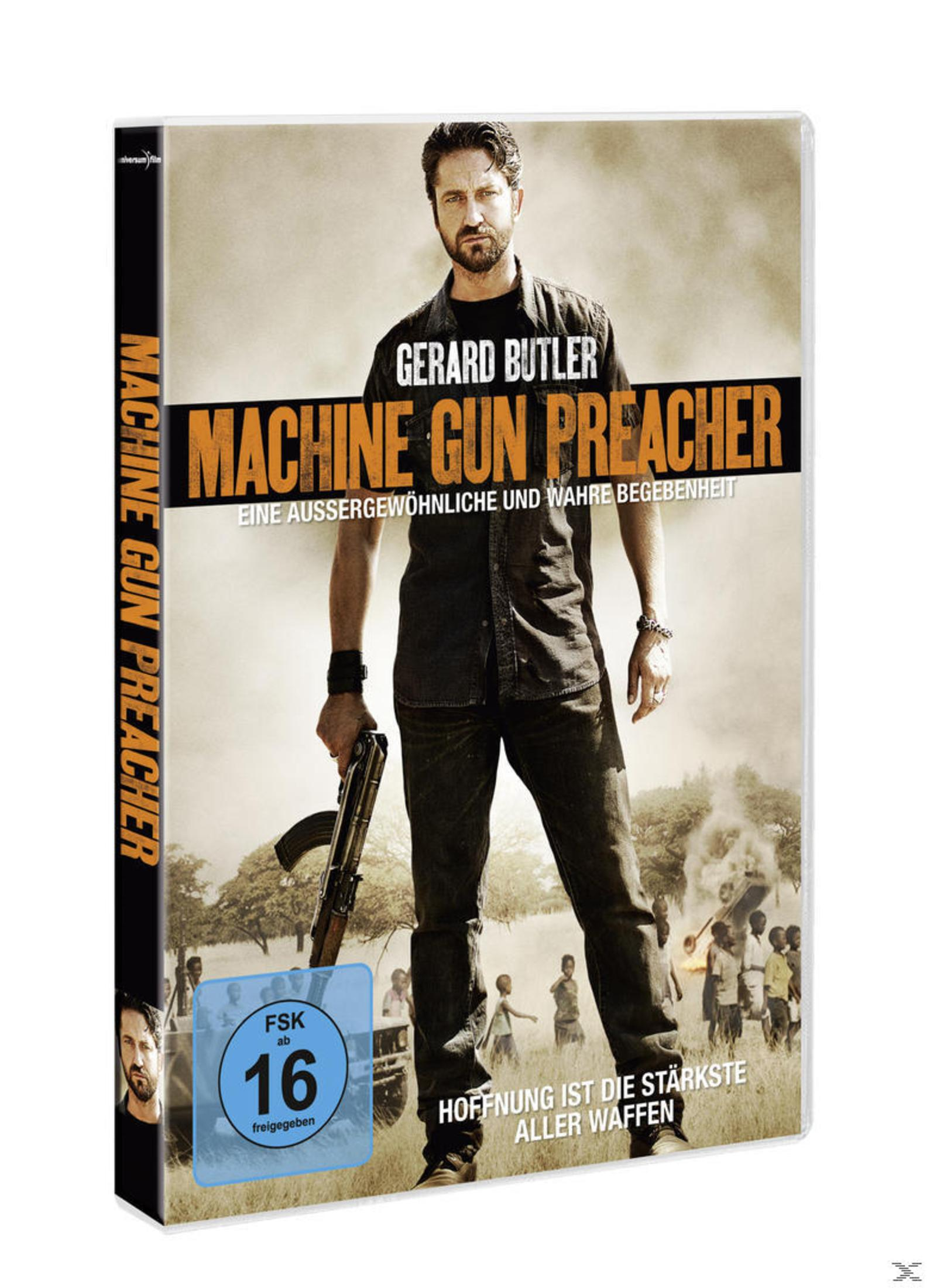 DVD-Hülle von Machine Gun Preacher mit Gerard Butler, der eine Waffe hält.