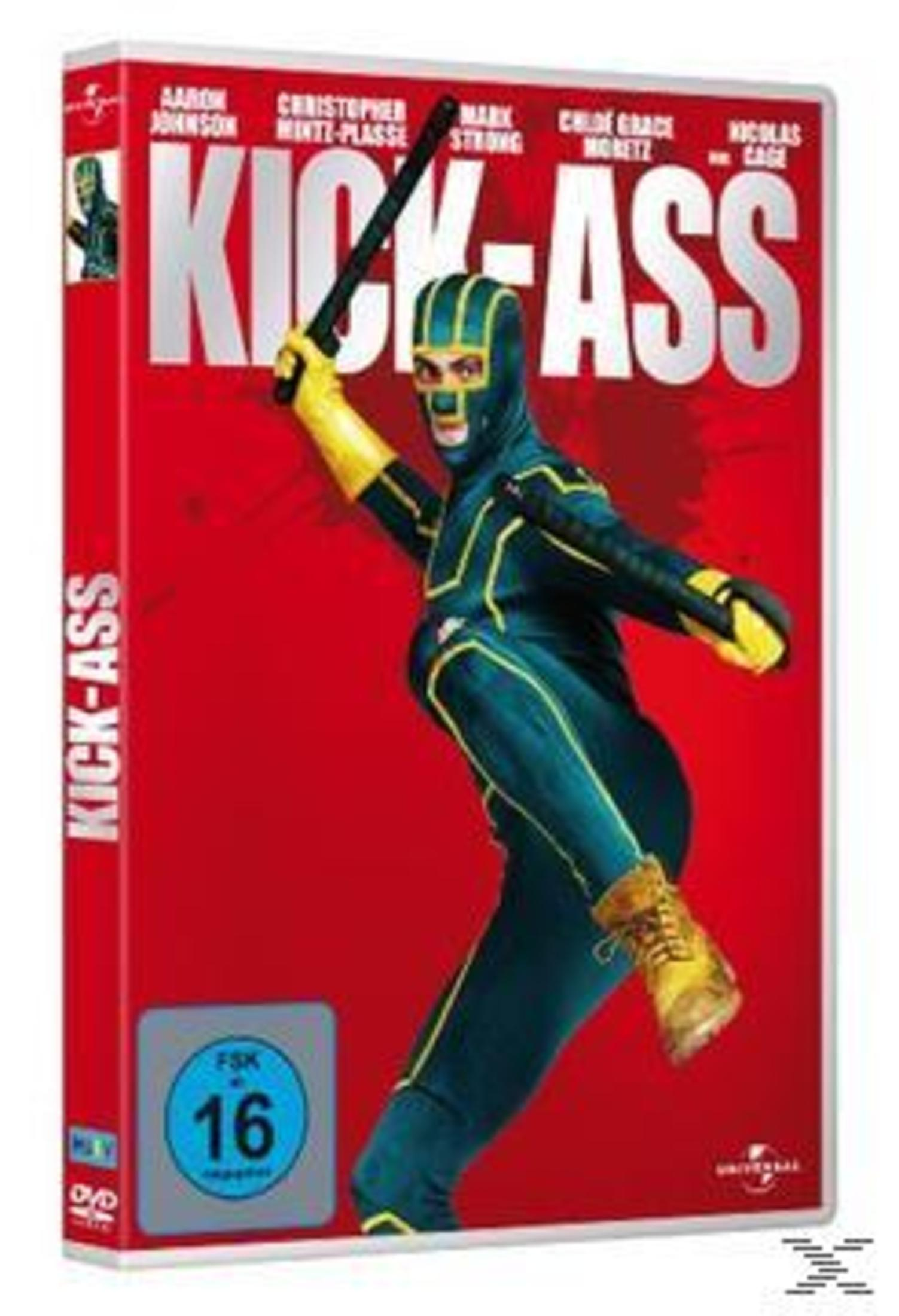 Kick-Ass DVD-Cover mit dem kostümierten Helden in Aktion auf rotem Hintergrund und dem FSK 16 Siegel.