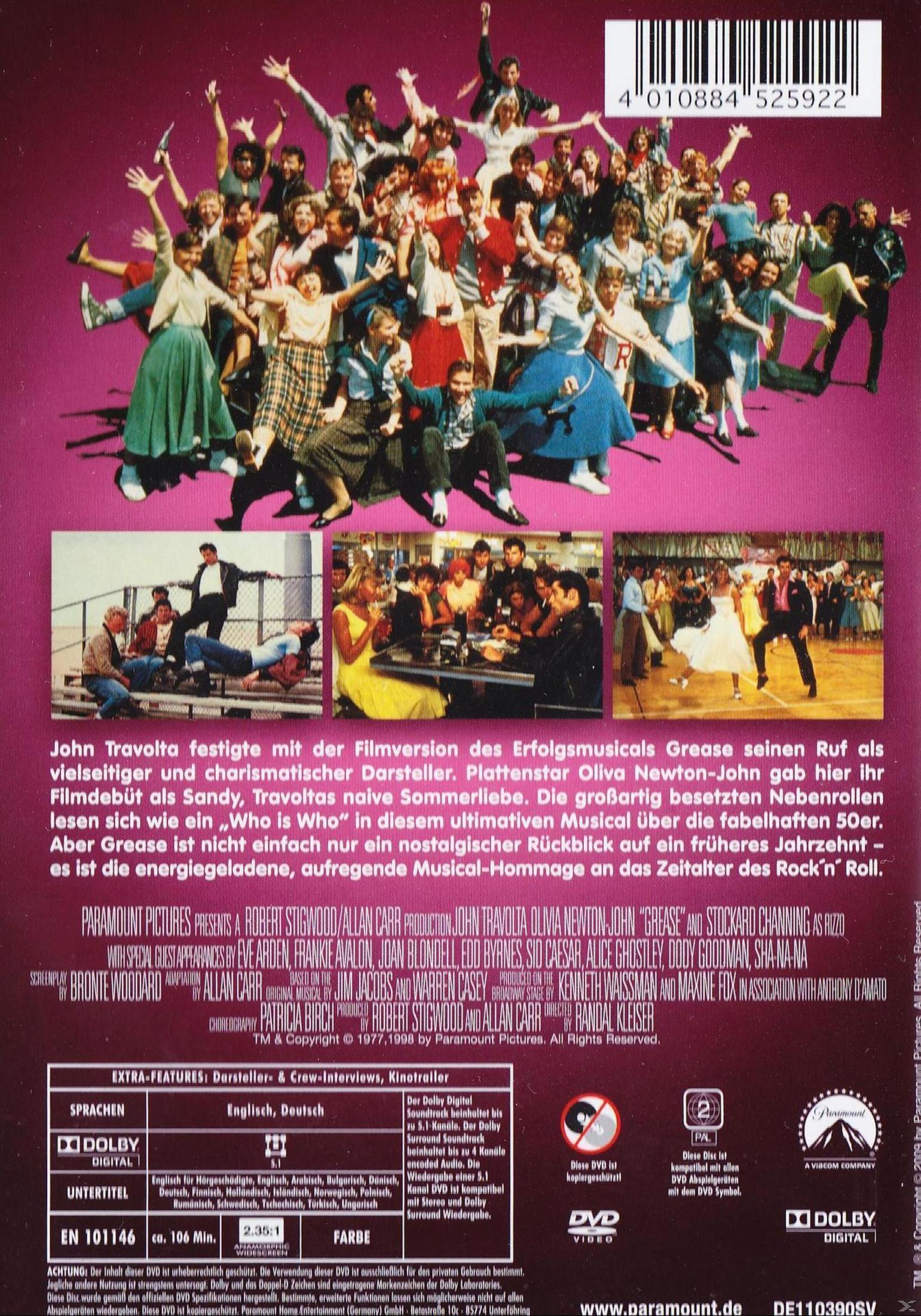 DVD-Rückseite mit Filmbildern aus Grease, Text auf Deutsch und technischen Details.