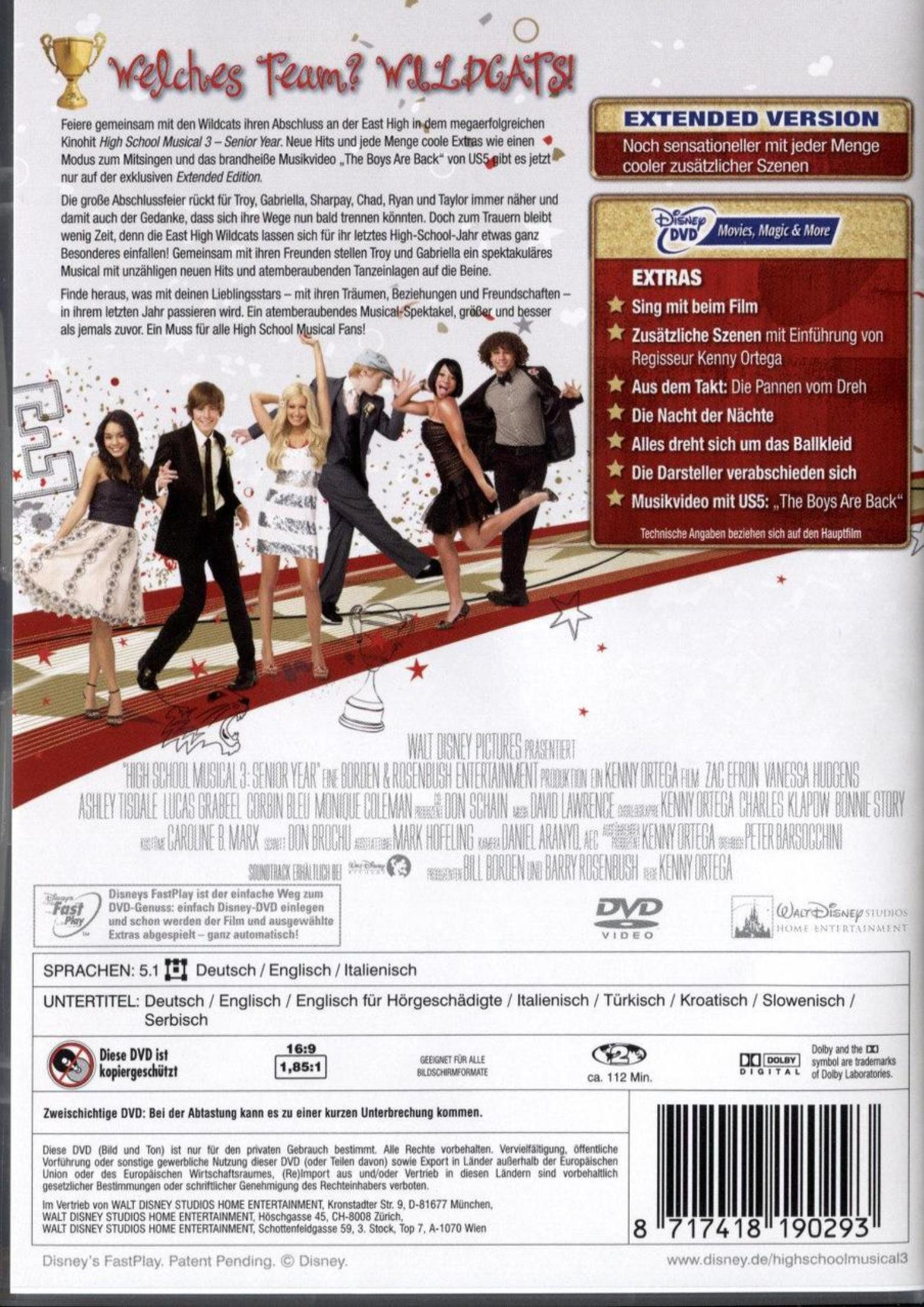 Rückseite der High School Musical 3 DVD mit Text, Cast-Fotos und Filmszenen.