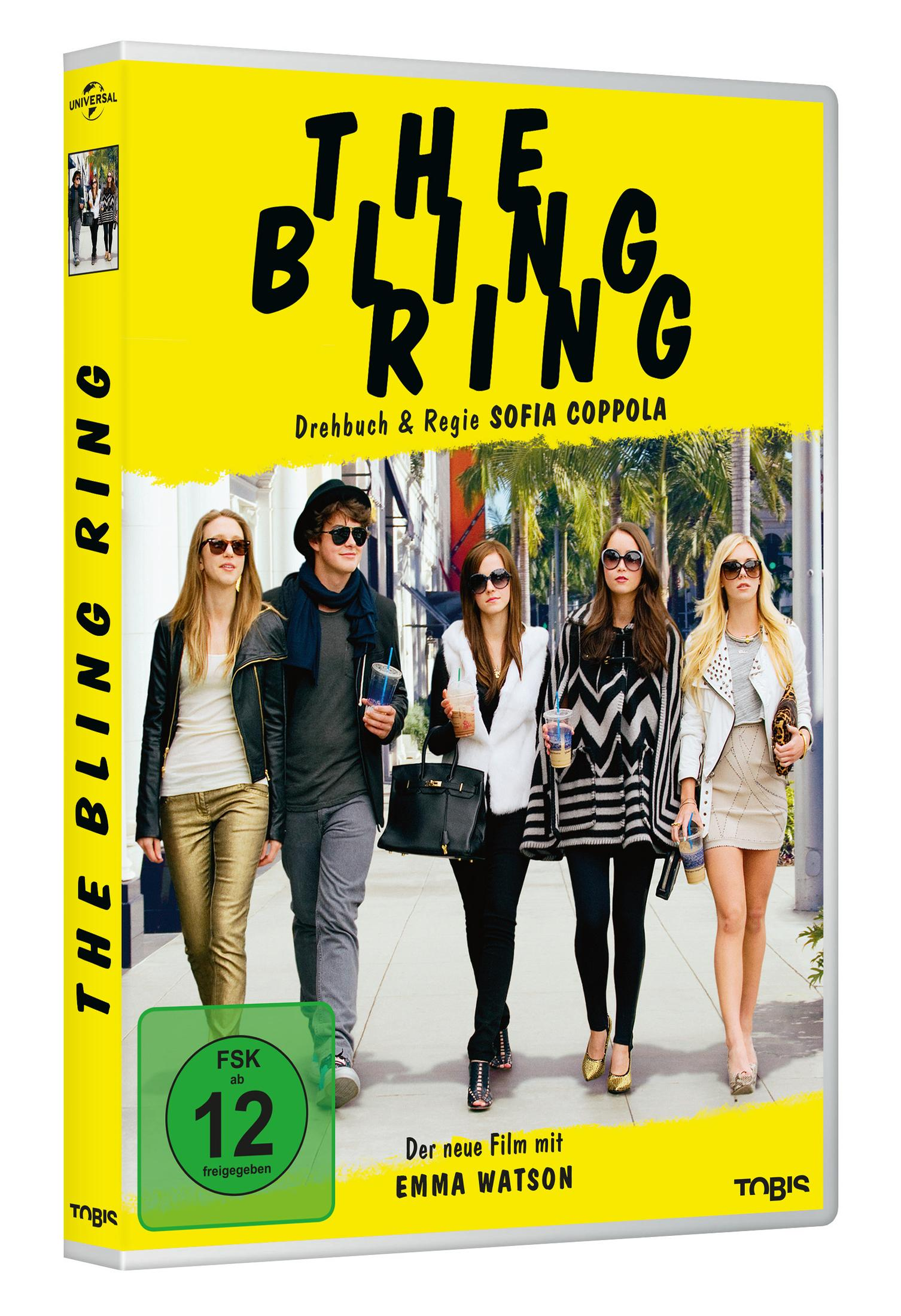 DVD-Hülle von The Bling Ring mit fünf modisch gekleideten jungen Leuten, die auf einer sonnigen Straße laufen.