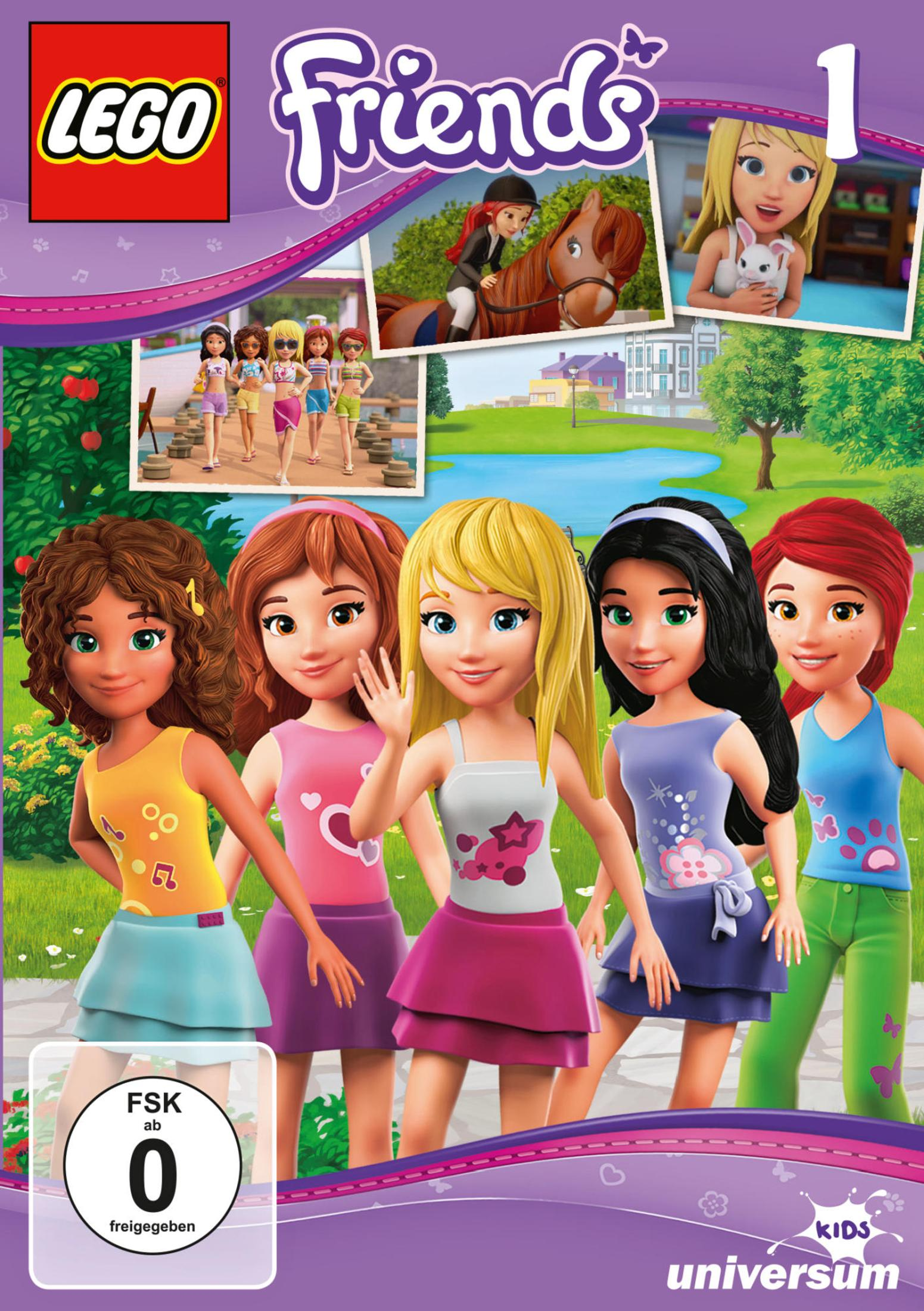 LEGO Friends DVD-Cover mit fünf Figuren im Vordergrund und kleineren Szenenbildern im Hintergrund.