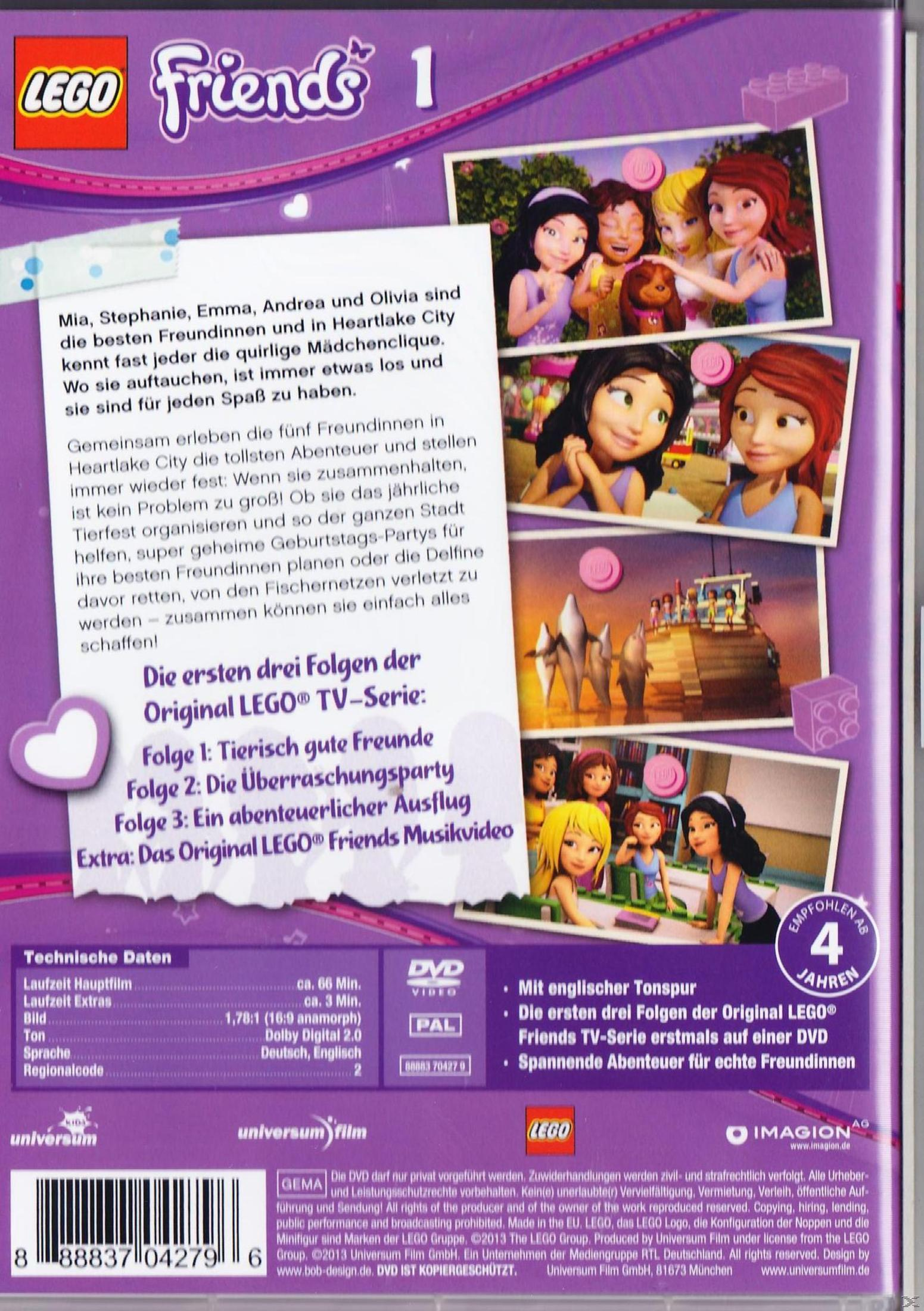 DVD-Hülle der LEGO Friends Serie mit fünf Charakteren, deutscher Beschreibung und technischen Details.