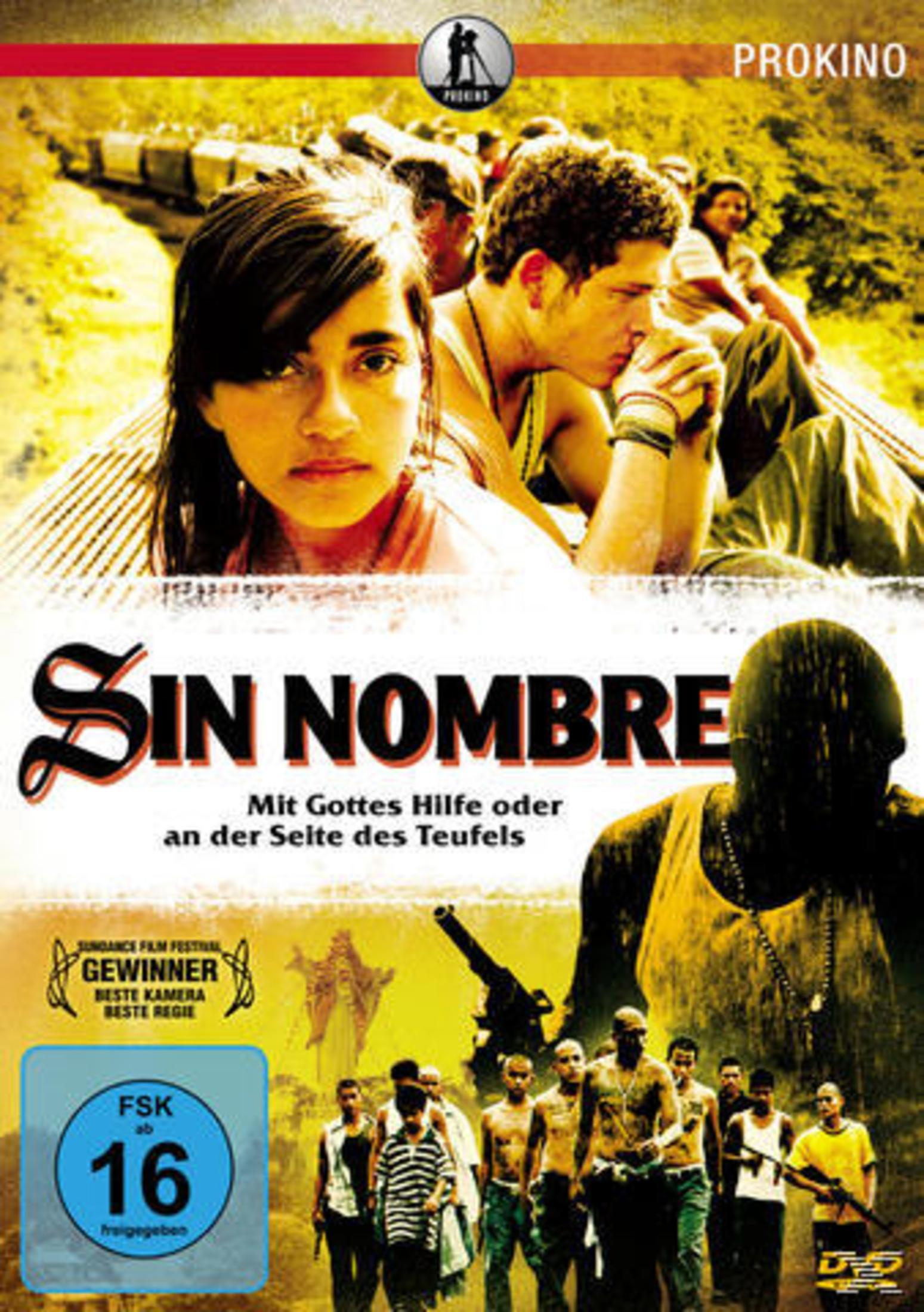 DVD-Cover von Sin Nombre mit Personen auf einem Zug und einer Gruppe junger Männer unten.